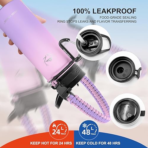 Miniatura 5 de NATURE PIONEOR Botellas de agua aisladas con mango de paracaídas, botella de agua deportiva al vacío de 18 onzas de boca ancha con 3 tapas, acero