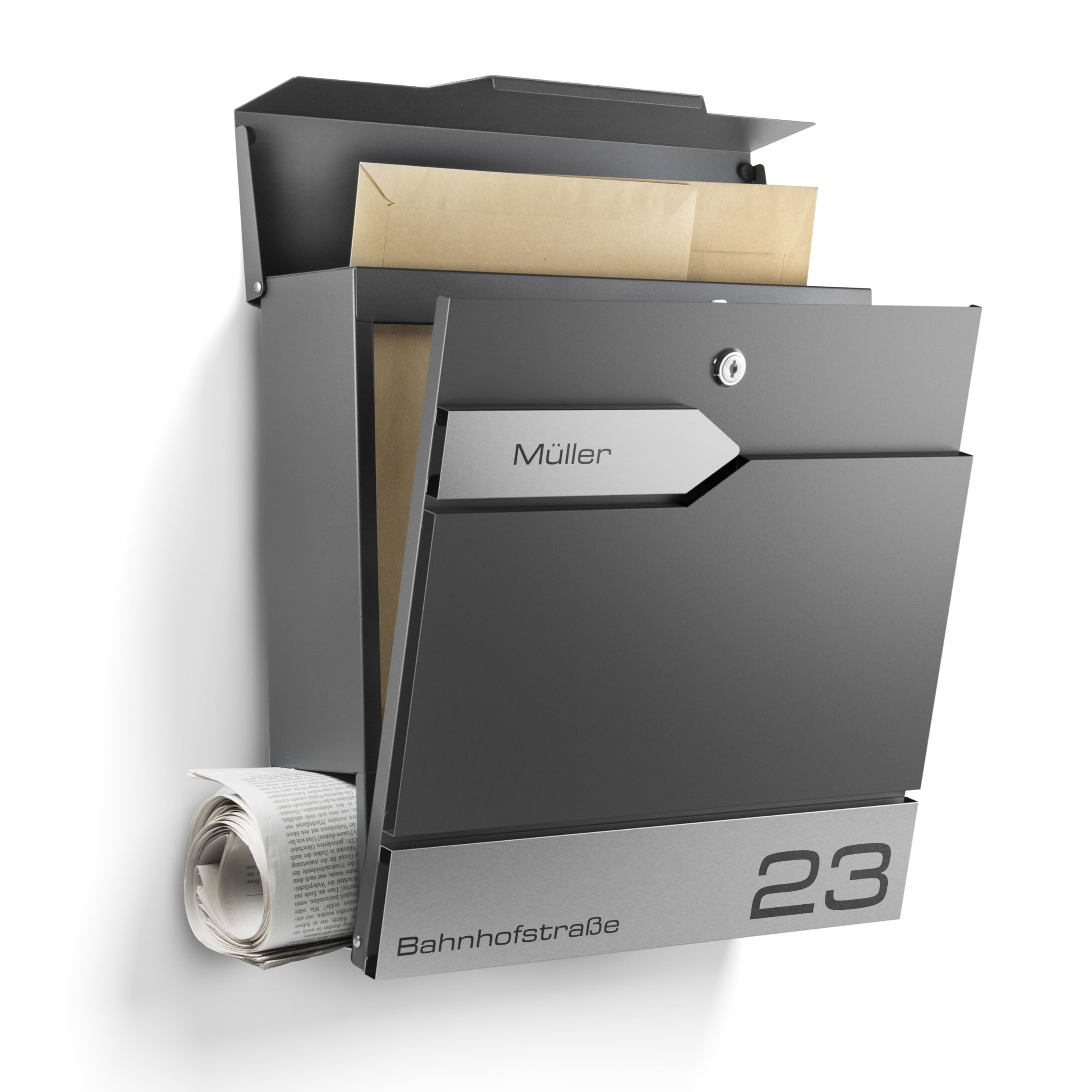 Moderner Briefkasten Personalisierbar Sydney Anthrazit RAL7016 - mit Zeitungsfach - Wandbriefkasten mit Edelstahl Namensschild und Hausnummer Gravur I Rostfrei und UV-beständig (Mit Gravur)