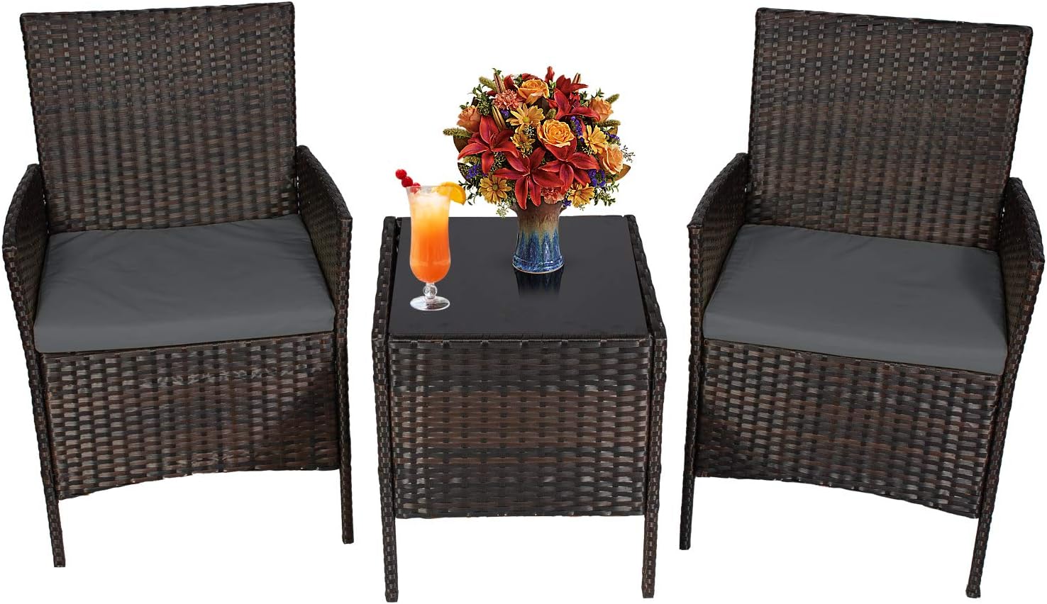 3-Piece Outdoor Patio Furniture Sets Small PE Rattan Wicker Bistro Set All Weather Garden Porch Conversation Set with Side Table and 2 Chairs, Brown/Red