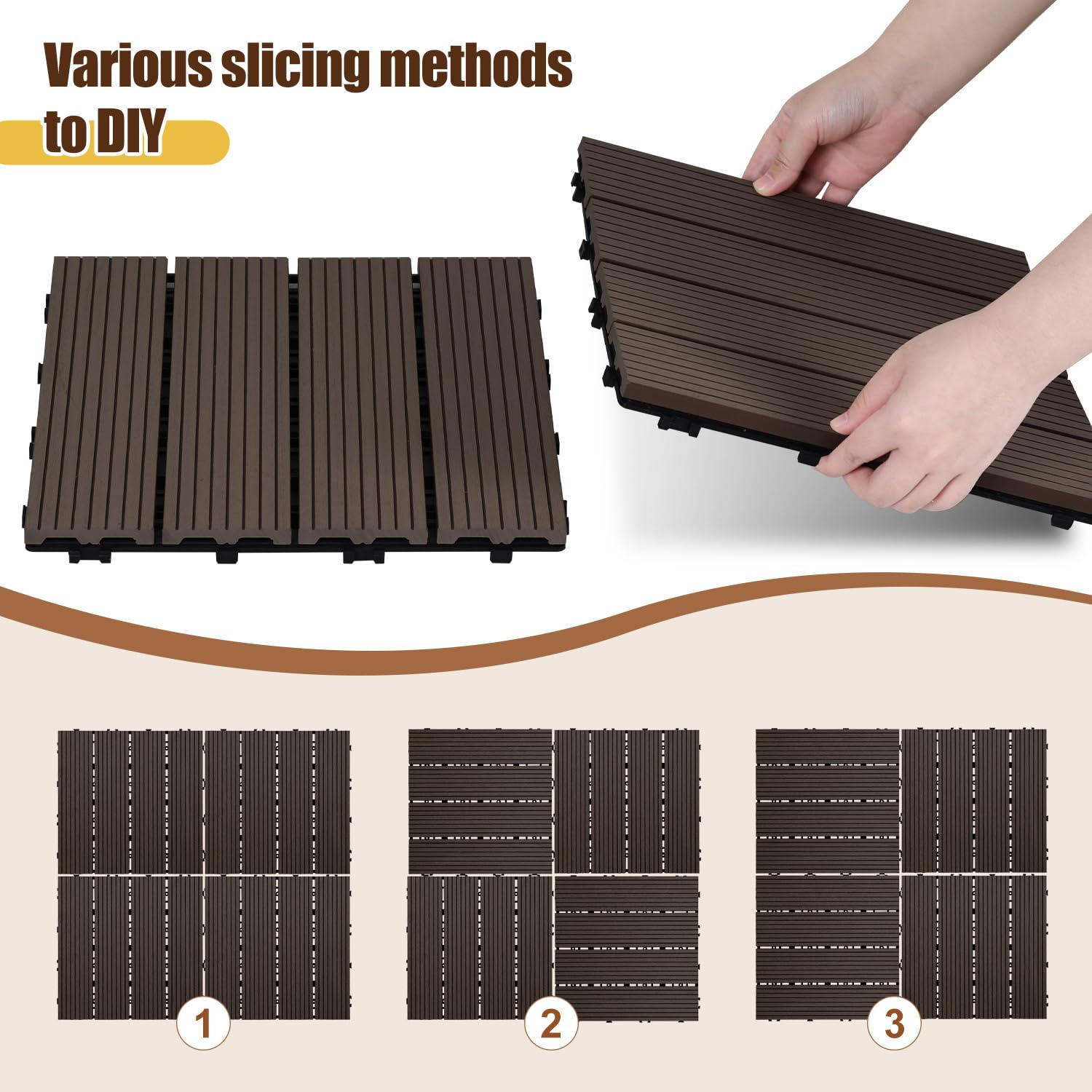 Baldosas para terraza de WPC, 30 x 30 cm, resistentes al agua y antideslizantes, juego de 22 para azulejos de balcón de 2 m², terraza con drenaje y sistema de clic, fácil de colocar, café