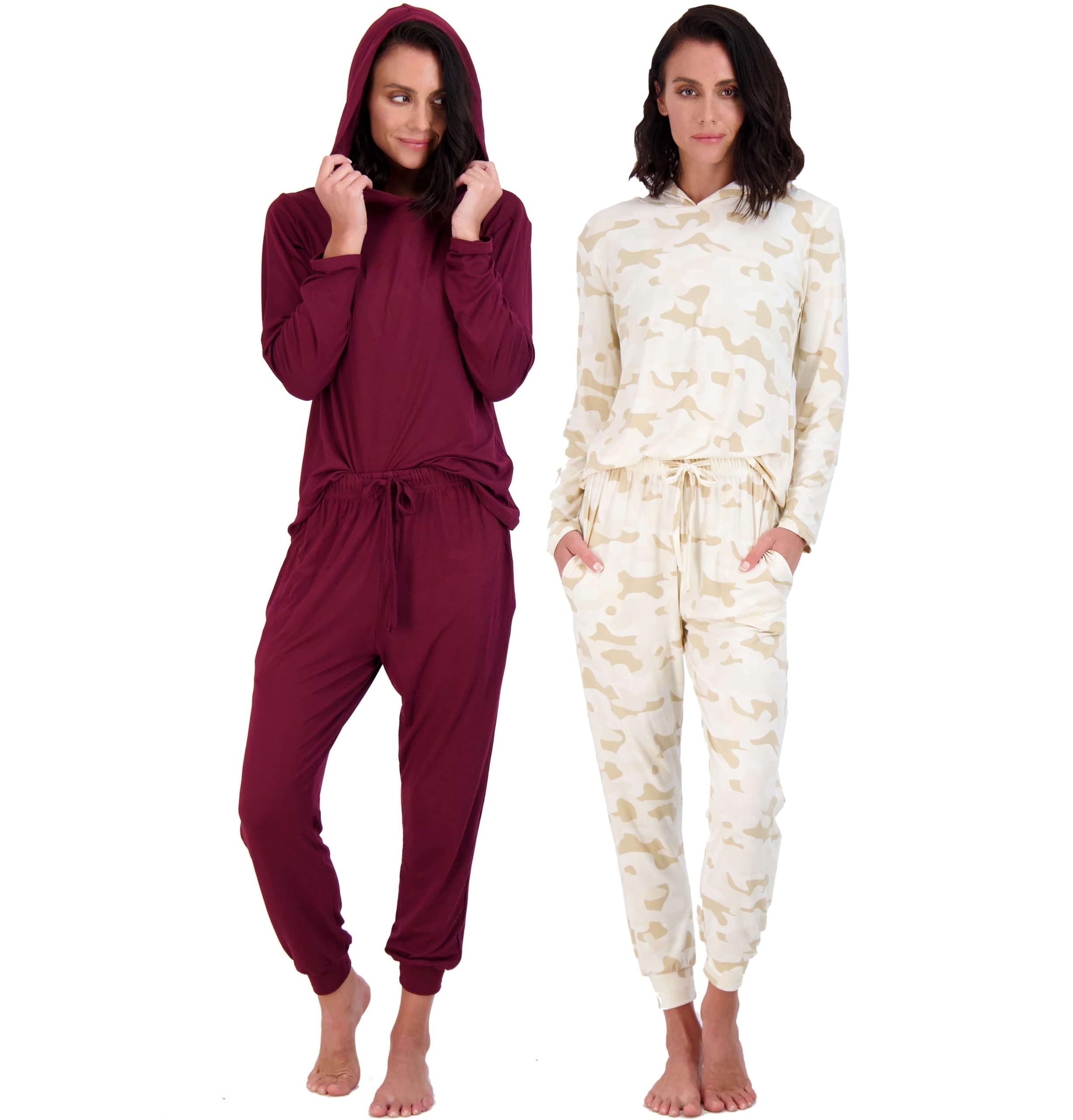 Real Essentials 2 Pack Womens Soft Long Sleeve Sleep Set - Comfortable Lounge Pull Over Hoodie and Henley