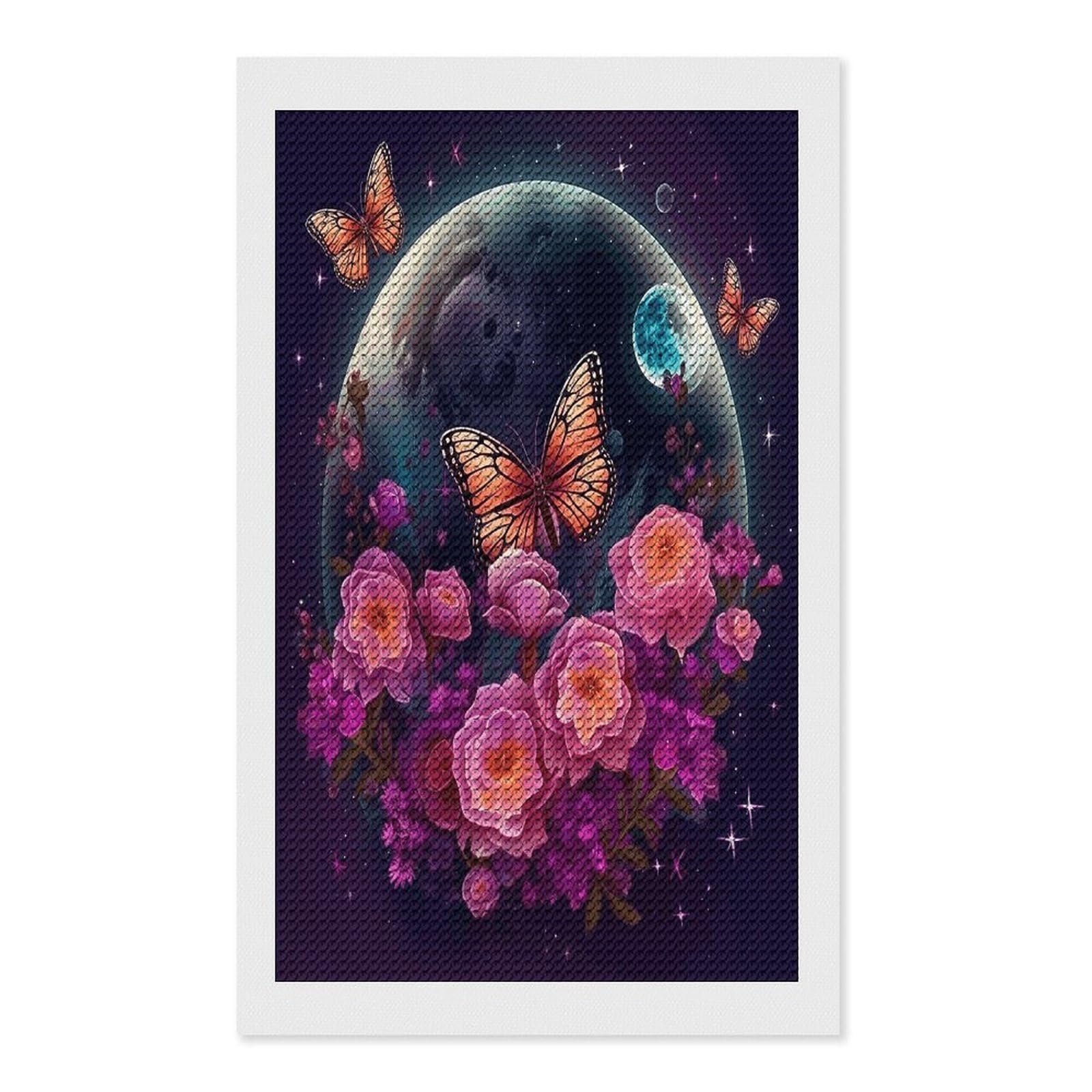 Moon Flowers and Butterflies Diamond Art Kits for Adult Round Full Drill Diamond Dots Paintings for Beginner Picture Art DIY Diamond Painting Kits 5D Diamond Art Painting for Home Wall Decor 12"x20"