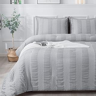 Andency Grey King Comforter Set, 3 Pieces Gray Striped Seersucker Lightweight Bedding Comforter Sets, Bed Set Microfiber Down Alternative (104x90In Comforter & 2 Pillowcases)