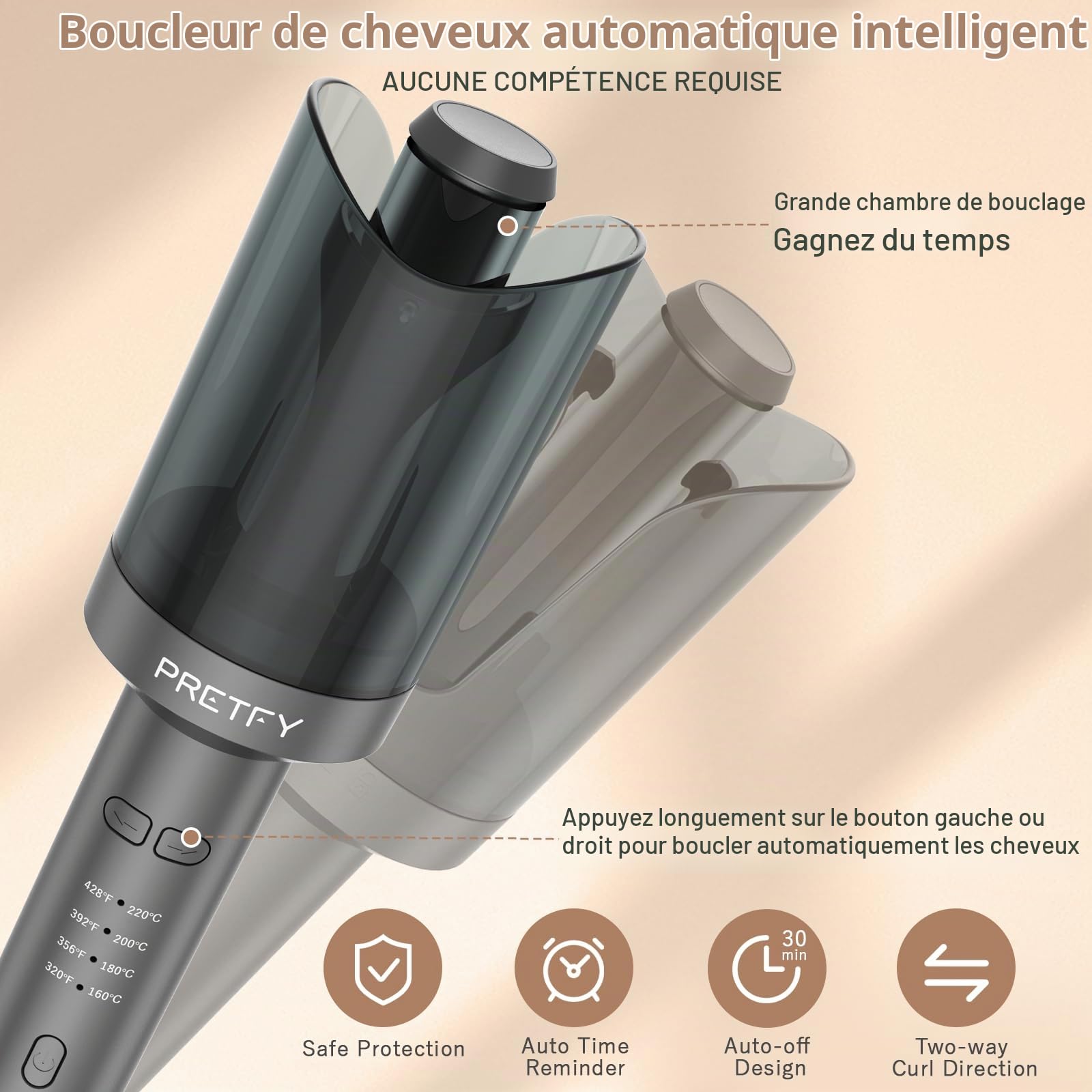 Boucleur a Cheveux, Fer a Boucler, Fer à Friser Automatique pour la Coiffure, 4 Température Réglable, Câble Anti-emmêlement Rotatif à 360° Alimentation Sans Interrupt (Noir)