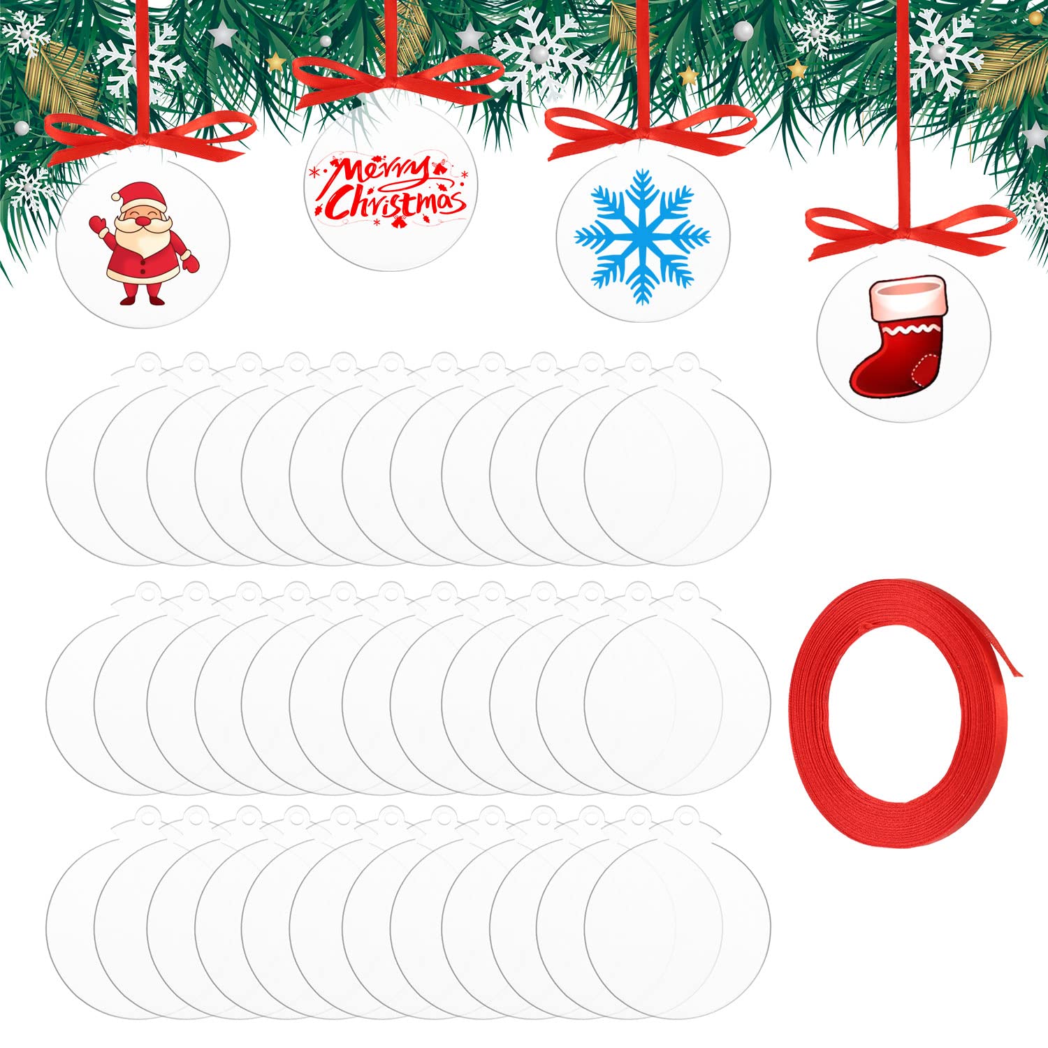 2022 30Pieces 3 Inch Acrylic Christmas Ornaments, Acrylic Blanks Ornaments with Red Ribbon Blank Transparent Acrylic Disc DIY Blank Circle Discs for Christmas Bauble Tree Decoration Tag Craft