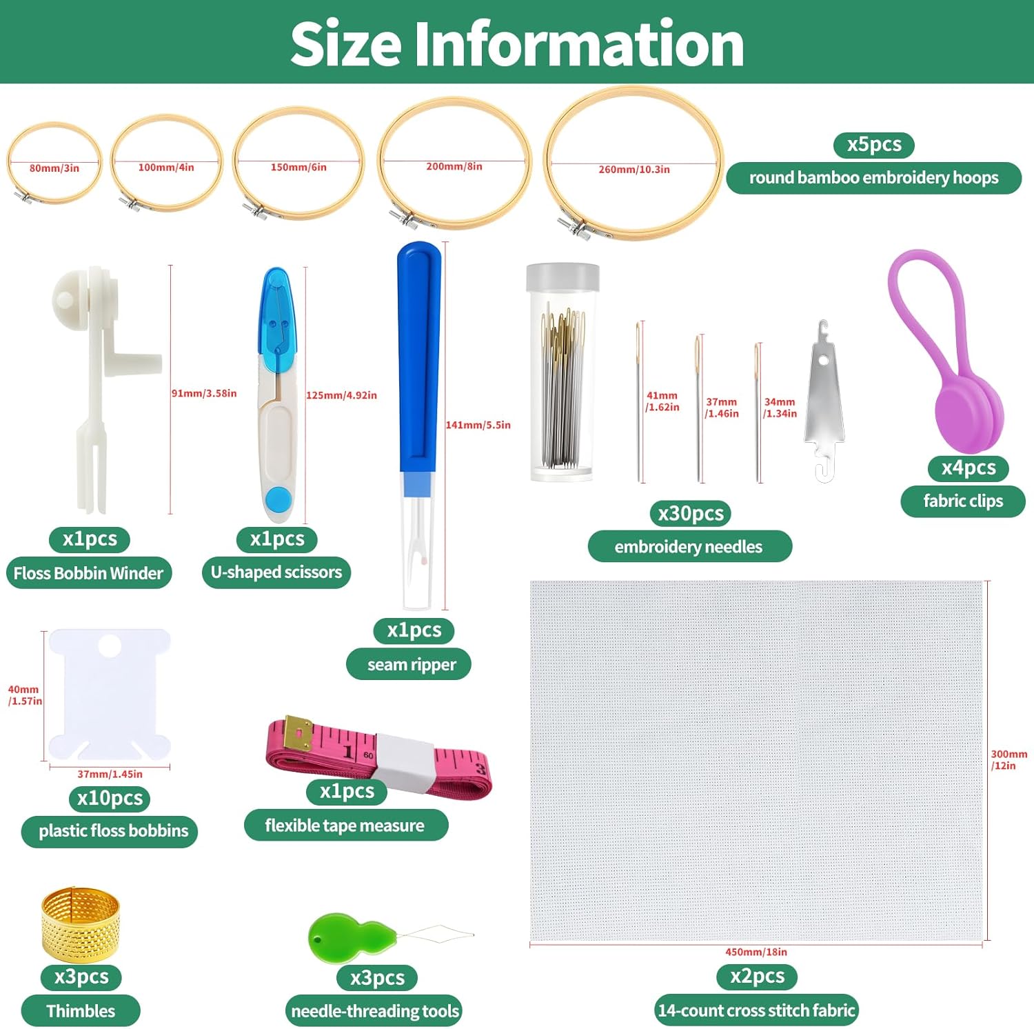 Yauhar 61Pcs Embroidery Kit for Beginners with Needle, Cross Stitch Hoops, 14 Count Aida Cloth, Floss Bobbins, Thread Winder, Thimble, Seam Ripper, Fabric Clips for Craft Embroidery Needlework