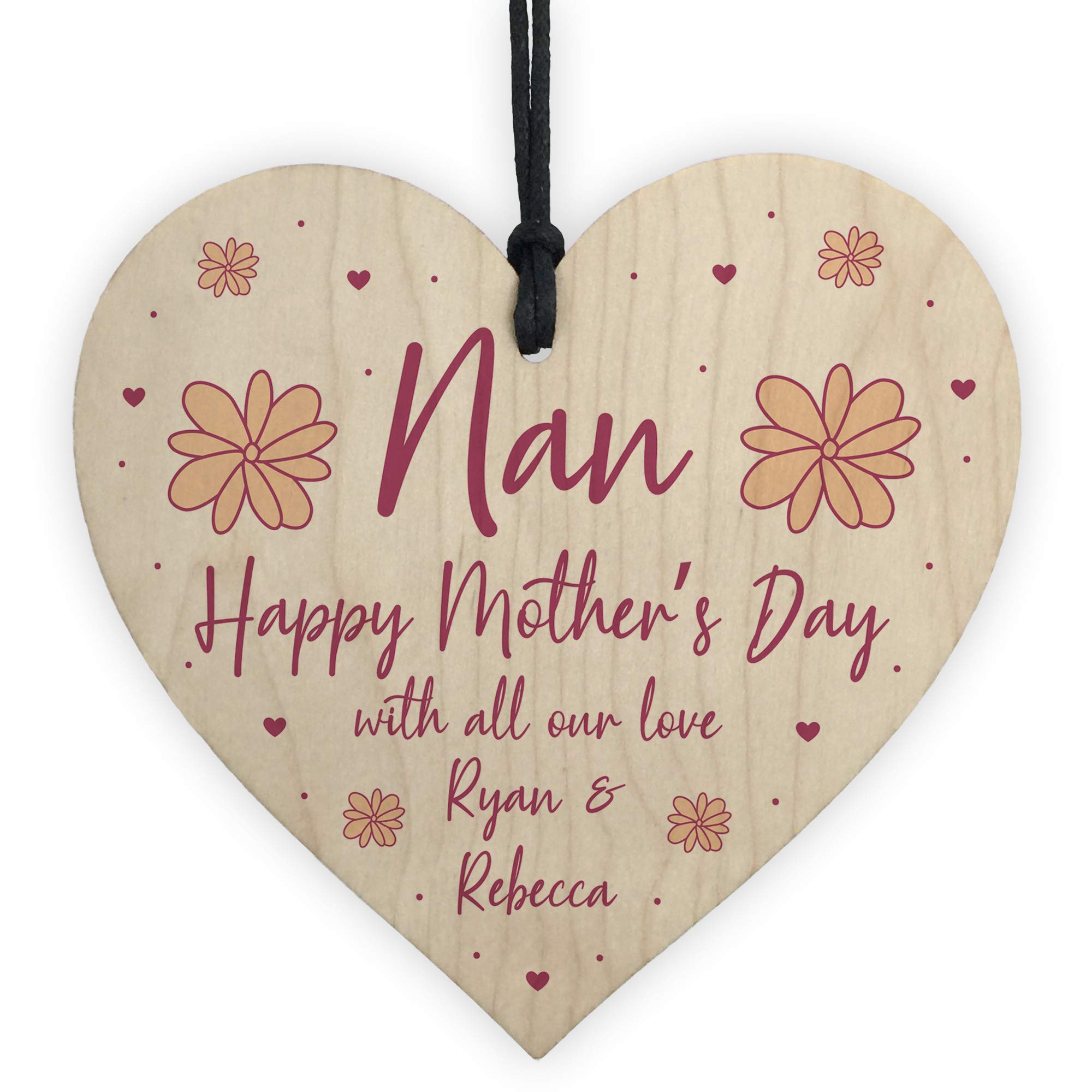 Personalised Mothers Day Gift for Nan Hanging Wooden Heart Thank You Love Gift