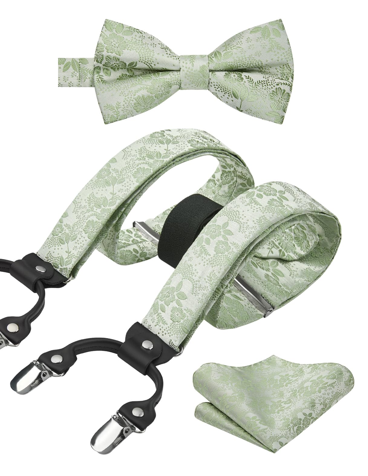 HISDERN Suspenders for Men Paisley Floral Bow tie Suspender Pocket Square Sets Adjustable Y Shape 6 Clips Wedding Braces