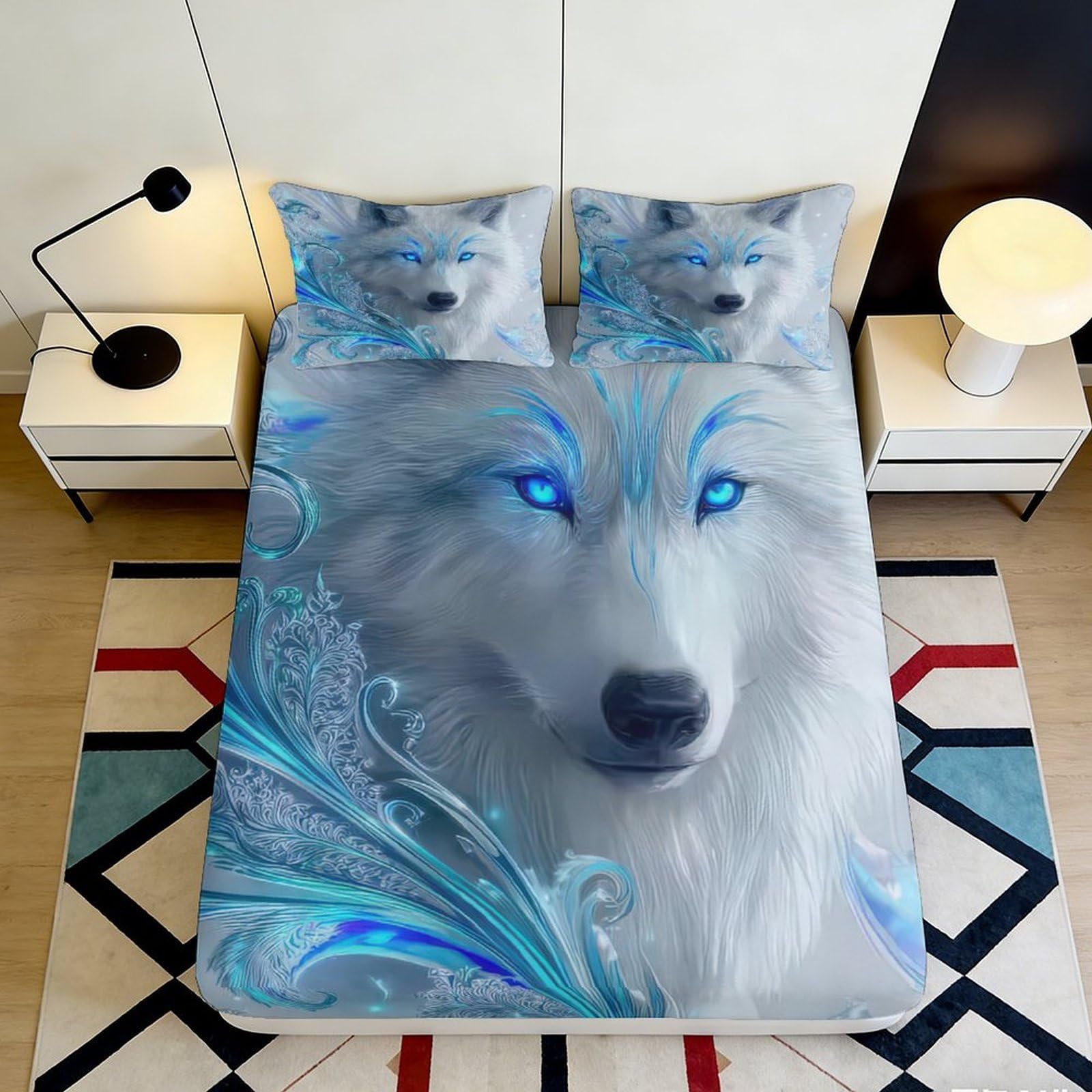 3D Printed Blue Wolf Fitted Sheet Microfiber Non-slip Mattress Cover for Bedroom Dorm Artistic Animal Decor Easy Care 90x200x25cm