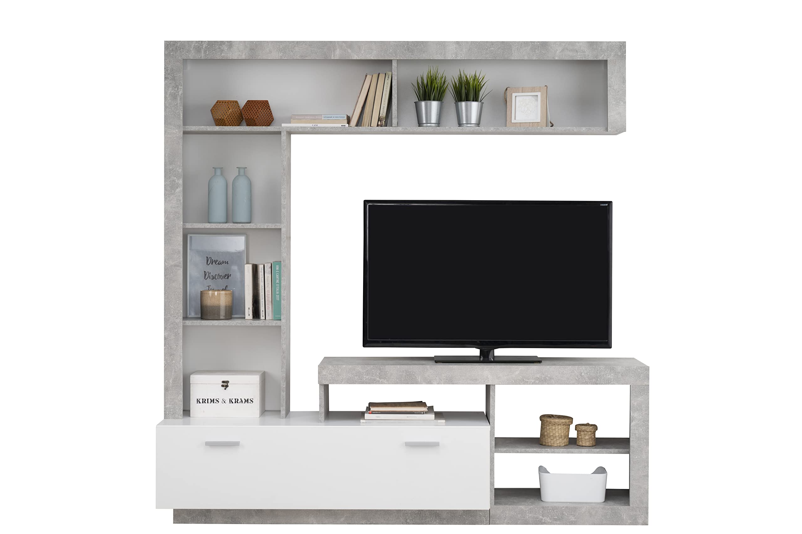 AVANTI TRENDSTORE - Glendo - Parete multimediale in legno laminato nel colore grigio cemento e bianco con tanti vani aperti e una porta a ribalta. Dimensioni LAP 171x171x42 cm