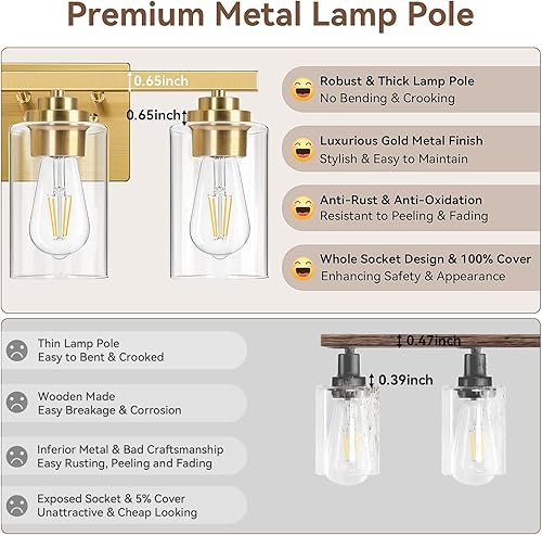 Miniatura 5 de Lámparas de baño de 3 luces, 19 pulgadas, modernas luces de tocador sobre espejo con pantallas de vidrio transparente, accesorio de luz dorada,