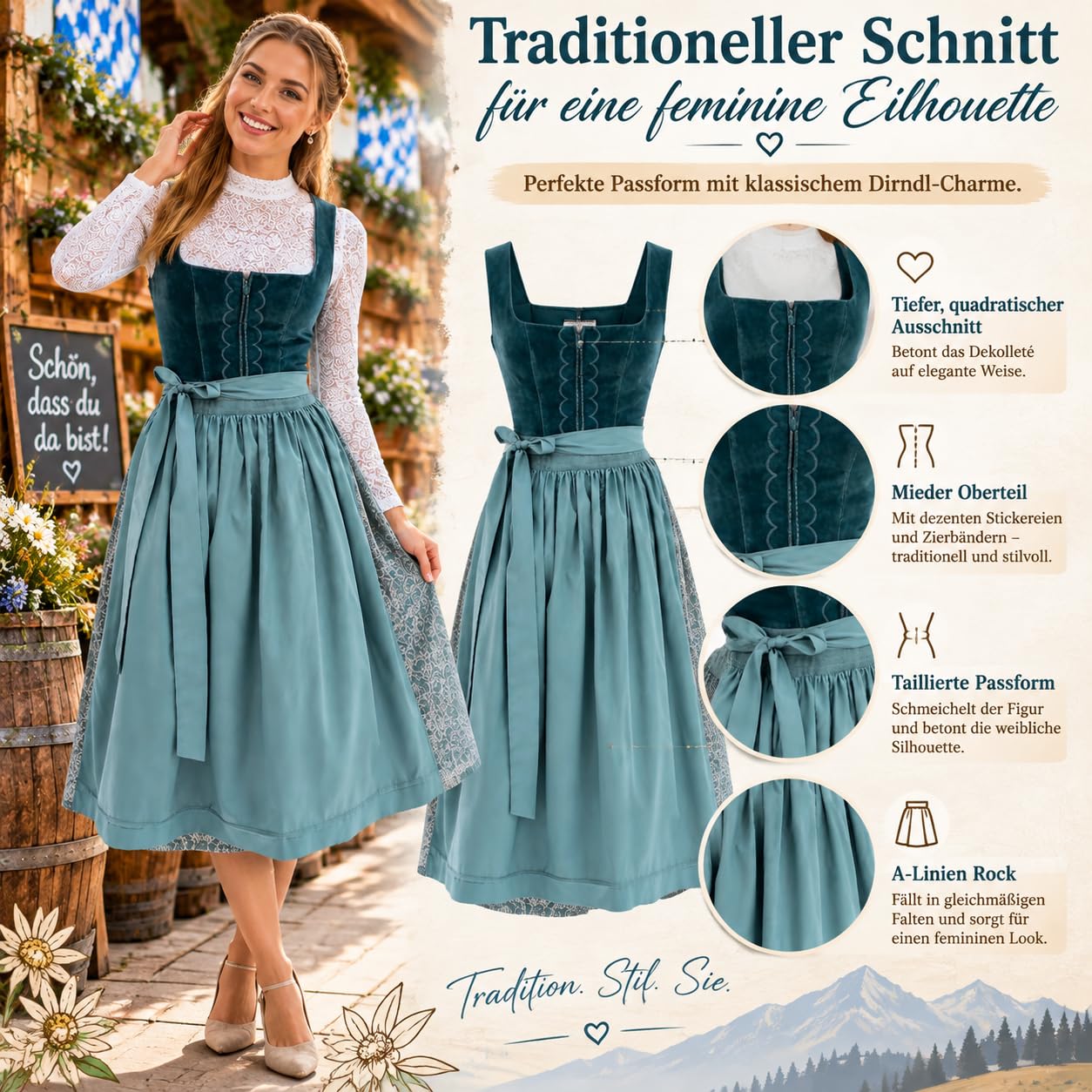 Generisch Dirndl Damen – Trachtenkleid für Oktoberfest mit Schürze, Wiesn Outfit,ohne Bluse