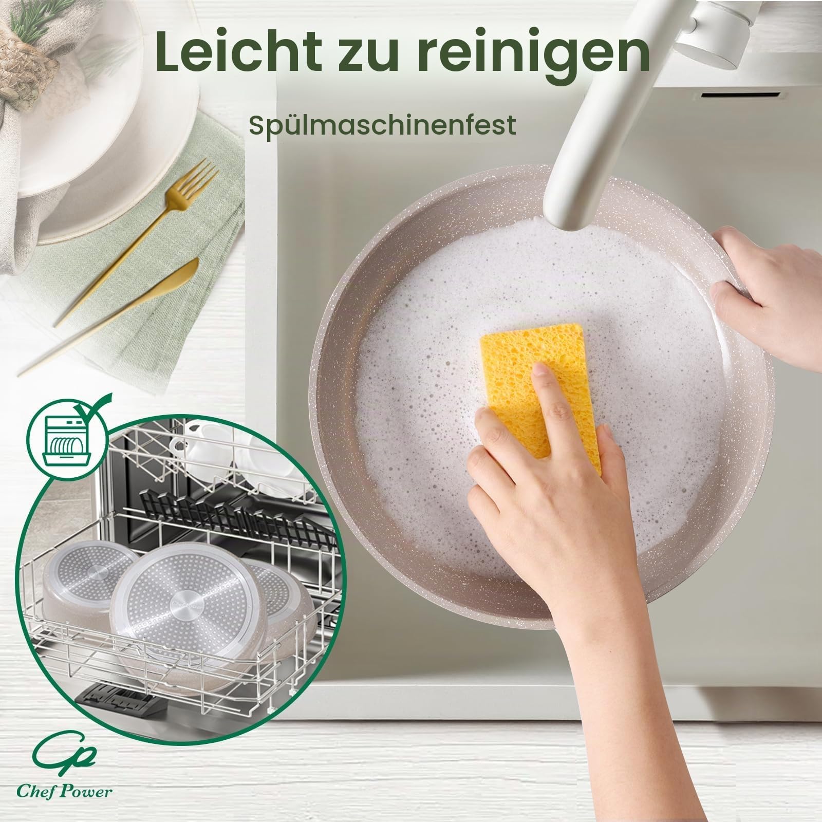 Chef Power Keramik-Kochgeschirr-Set, antihaftbeschichtet, mit abnehmbarem Griff, Induktion, spülmaschinenfest, ofenfest, Wohnmobil-Küchenset, abnehmbarer Griff, Mocca-Taupe, 19-teilig
