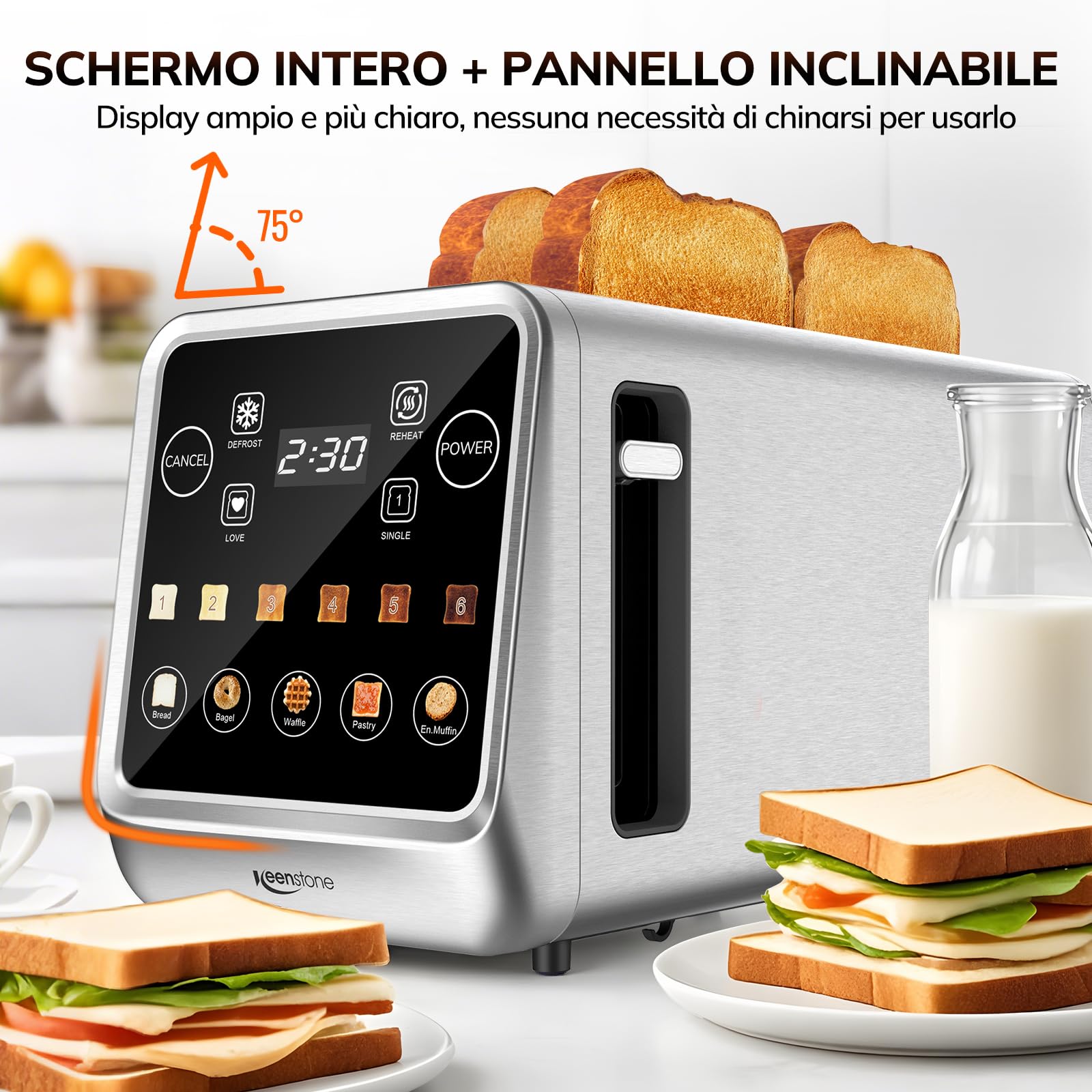 Keenstone Tostapane 4 fette, LED Display Touch screen e funzione memoria, timer, scongelamento e riscaldamento, tostapane in acciaio inox con 6 livelli di doratura, 5 programmi per il pane