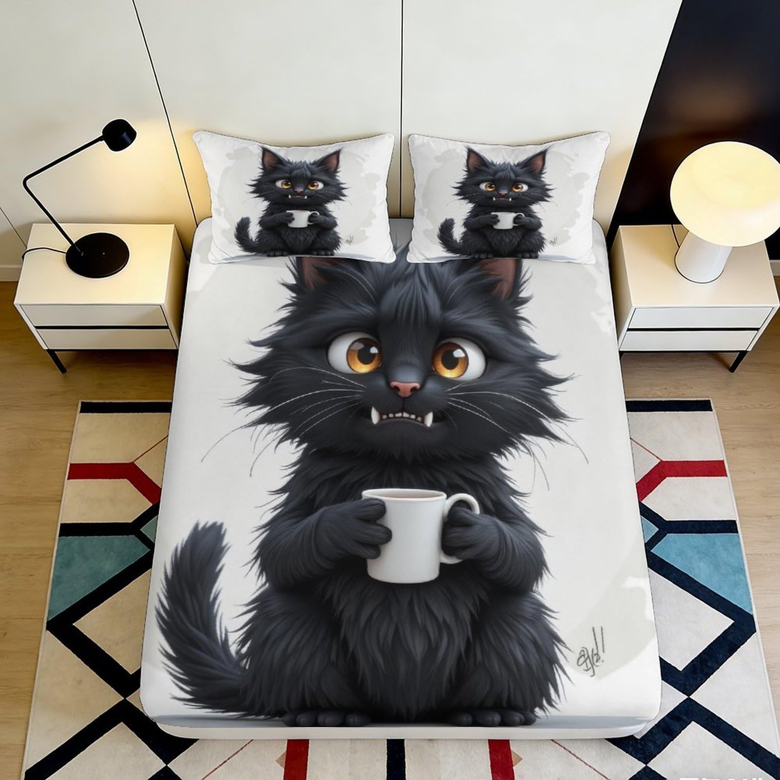 3D Printed Black Cat Coffee Mug Fitted Sheet Microfiber Soft Bed Cover Bedroom Dorm Mattress Protector Decor 90x200x25cm