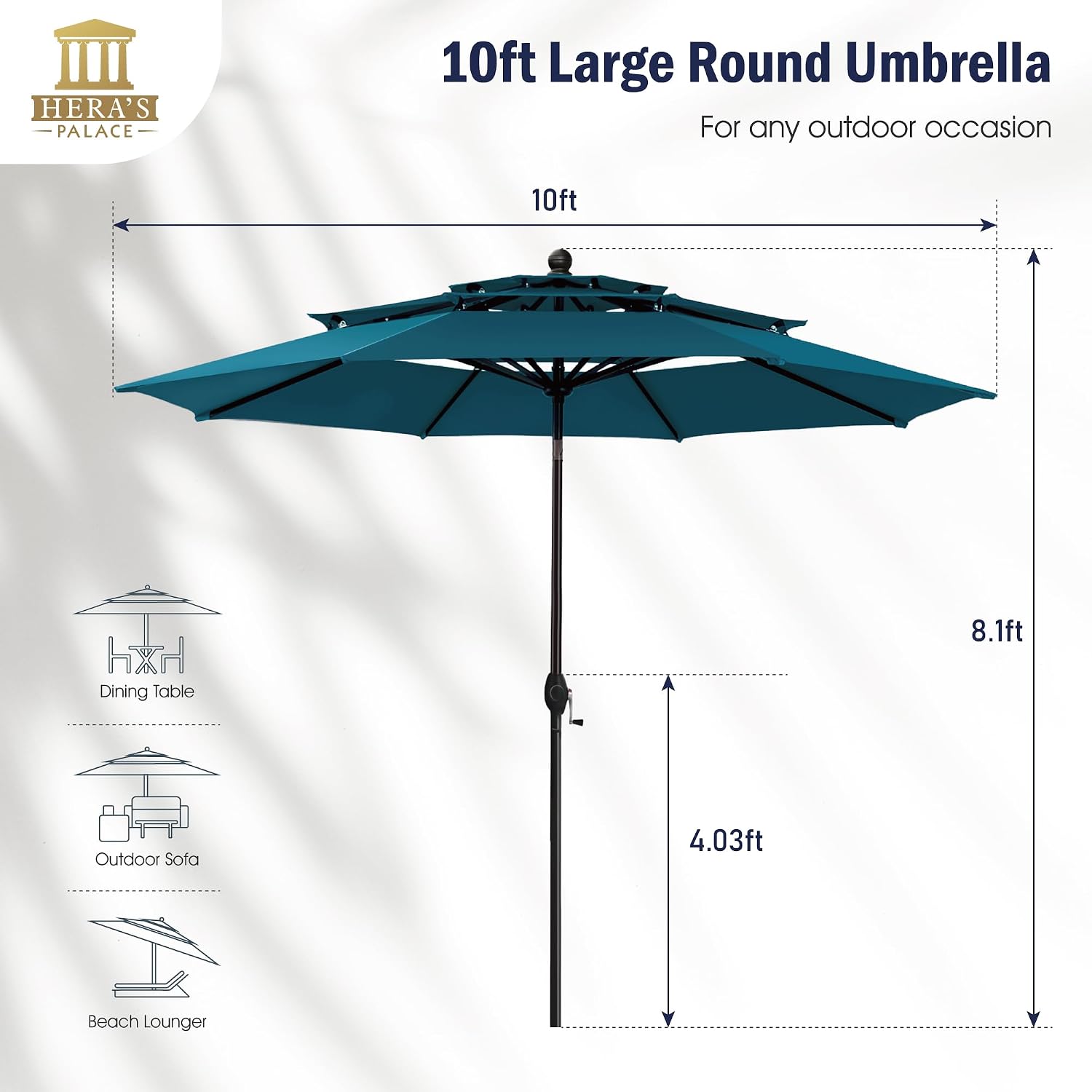 HERA'S PALACE 10 FT Patio Umbrella 3 Tiers Outdoor Large Umbrella with Ventilation Tilt Adjustment Patio Table Umbrella for Pool Garden, Cerulean