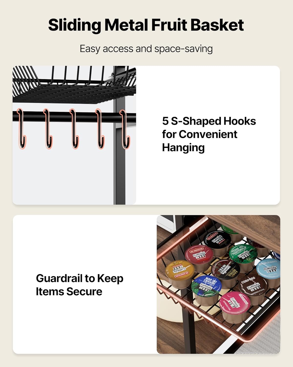 VEVOR Bakers Rack, 35.4 inch Width Microwave Stand,Kitchen Stand with X-Shaped Support Bar & 5 S-Shaped Hooks,Kitchen Storage Shelf for Dish Storage, Spice Jars, Coffee Bar Organization