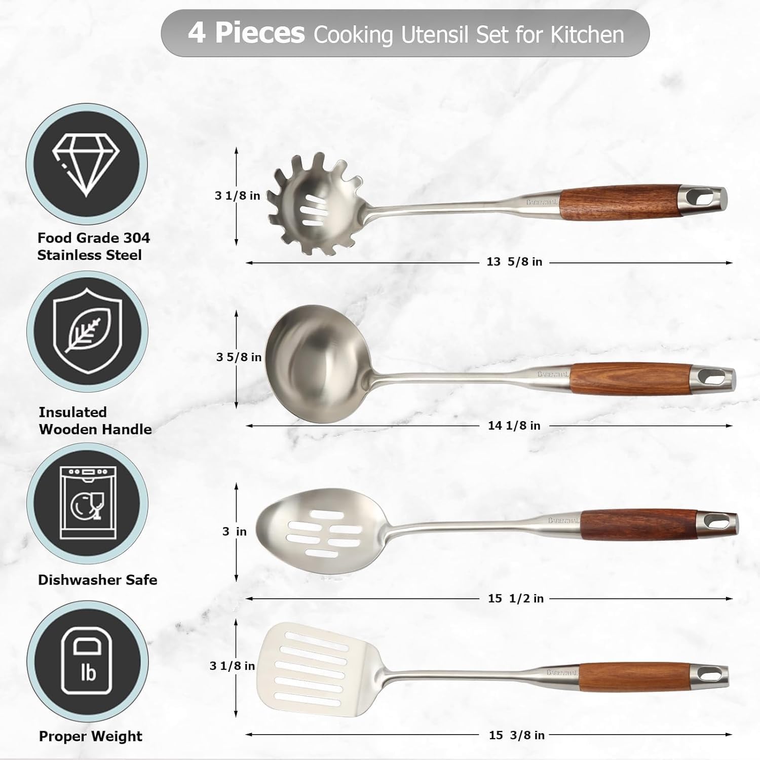 Juego de utensilios de cocina, utensilios de cocina de acero inoxidable 304 con mango de madera, juego de 4 utensilios de cocina de acero inoxidable, espátula ranurada, pasta, cuchara, cucharón de