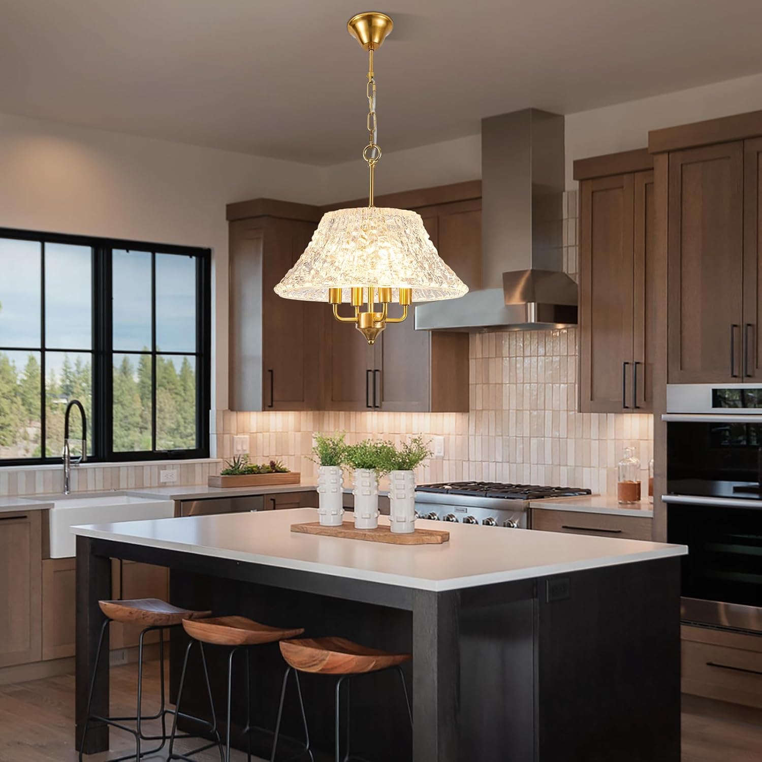 Modern Crystal 16" Gold Pendant Light Fixture for Kitchen Island,Luxury 4-Light Chandeliers Water Ripple Glass Ceiling Hanging lamp for Dining Room Living Room Foyer Entryway Bedroom