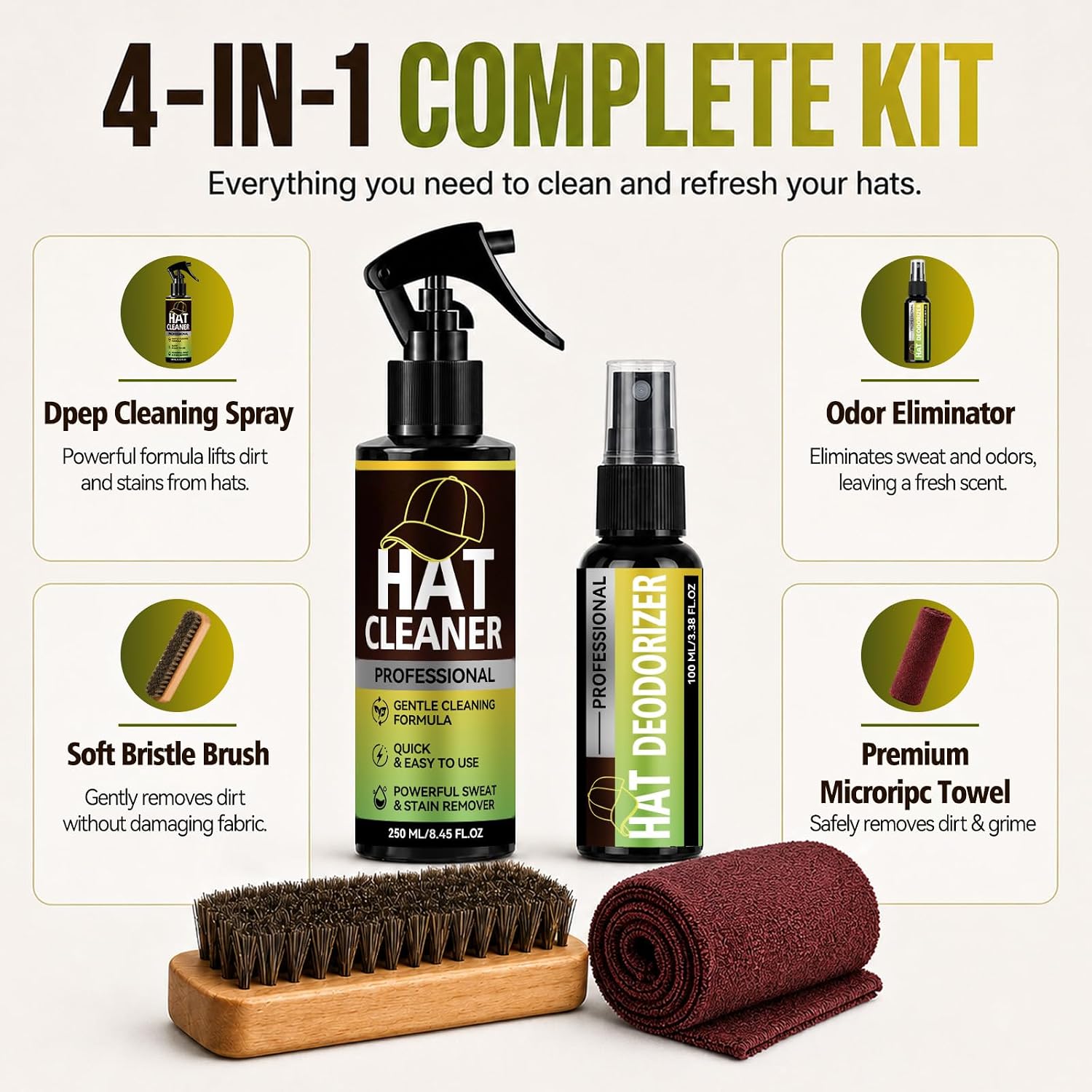 Hat Cleaning Kit, Professional 4-in-1 Foam Cleaner, Deodorizer, Soft Brush & Microfiber Cloth – Safe for Baseball, Trucker, Felt, Wool, Cowboy & Dad Hats – Remove Stains, Odors, No Water Needed
