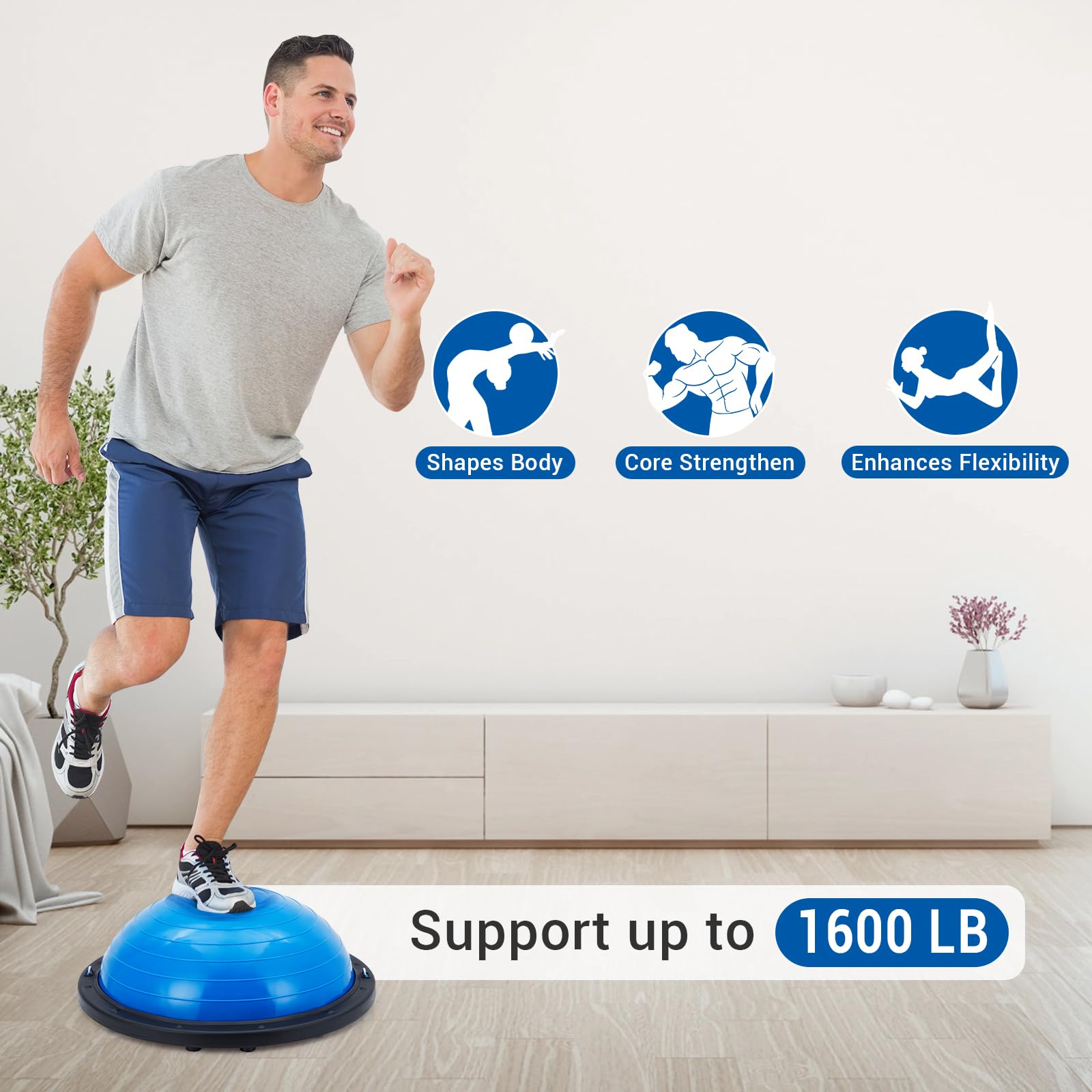 23/25in Balance Ball, 1600 lbs Half Exercise Ball with Nonslip Base, Inflatable Half Ball Balance Trainer, Stability Half Yoga Ball Strength Training Equipment with 2 Bands, Pump, Extra Ball Included