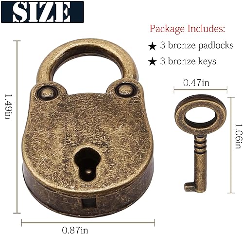 Miniatura 2 de Candado de bronce de estilo antiguo vintage de 3 piezas, pequeño candado de metal estilo arcaize, con llave para caja de joyería, caja de