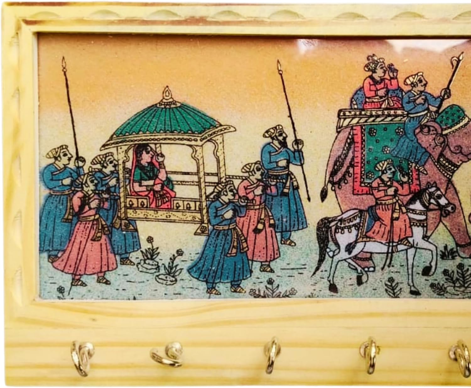 Rajasthani Wooden Key Holder, 6 Hooks, Wall Mounted, Handcrafted Art Work Traditional Painting Wall Hanging Home and Office Decor (1, KeyHolder-4)