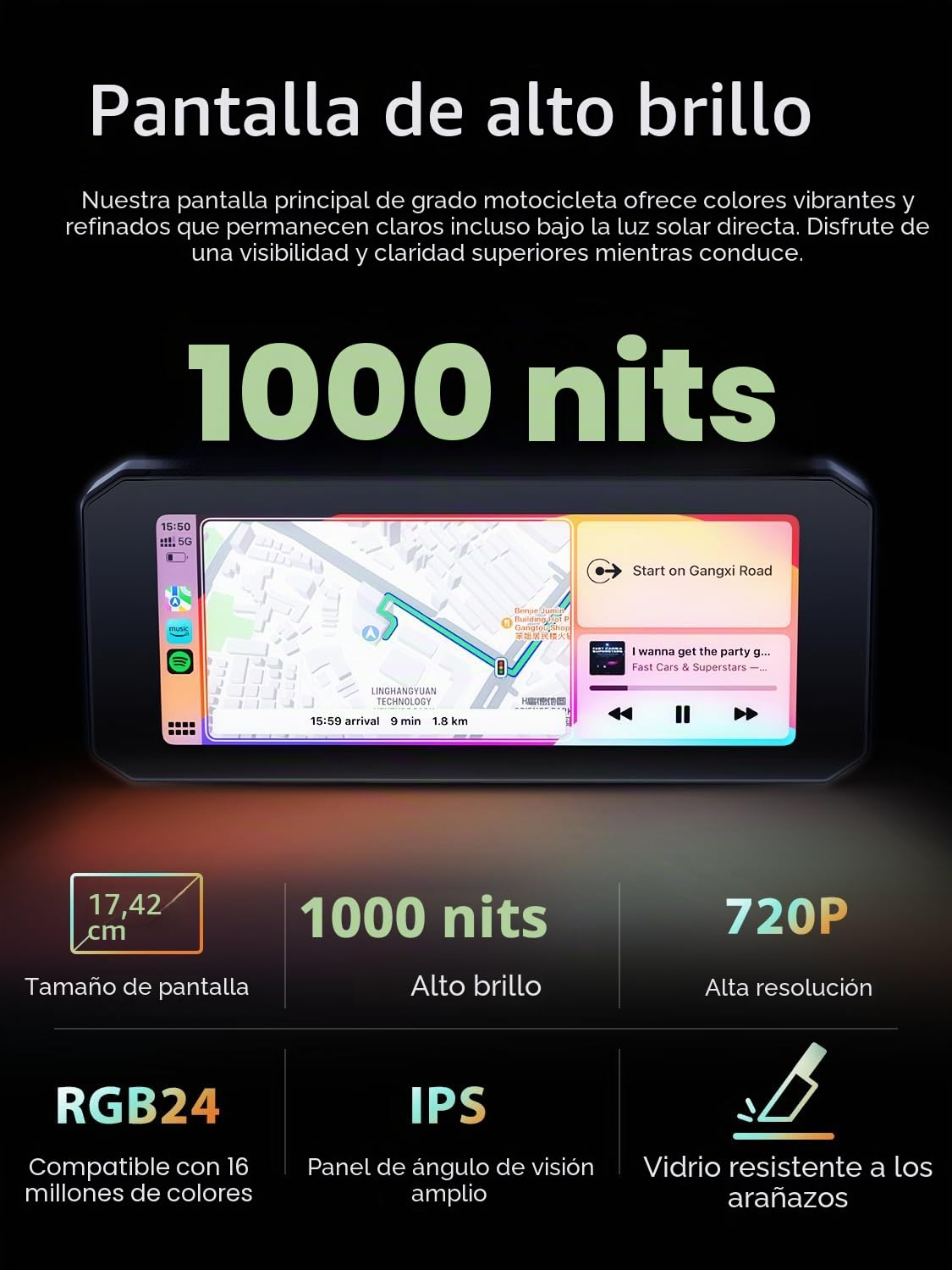 MT7 - Sistema de navegación inteligente para motocicleta, pantalla IPS 60Hz de 6.8 pulgadas, CarPlay y Android Auto, BT 5.2, IP67 impermeable, liberación rápida, cámaras delanteras/traseras y monitor