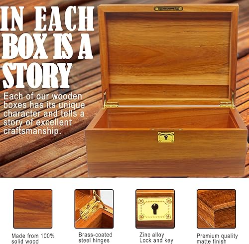 Miniatura 4 de Caja de madera decorativa grande de madera de acacia con tapa con bisagras y llave de bloqueo, caja de almacenamiento de recuerdos de primera