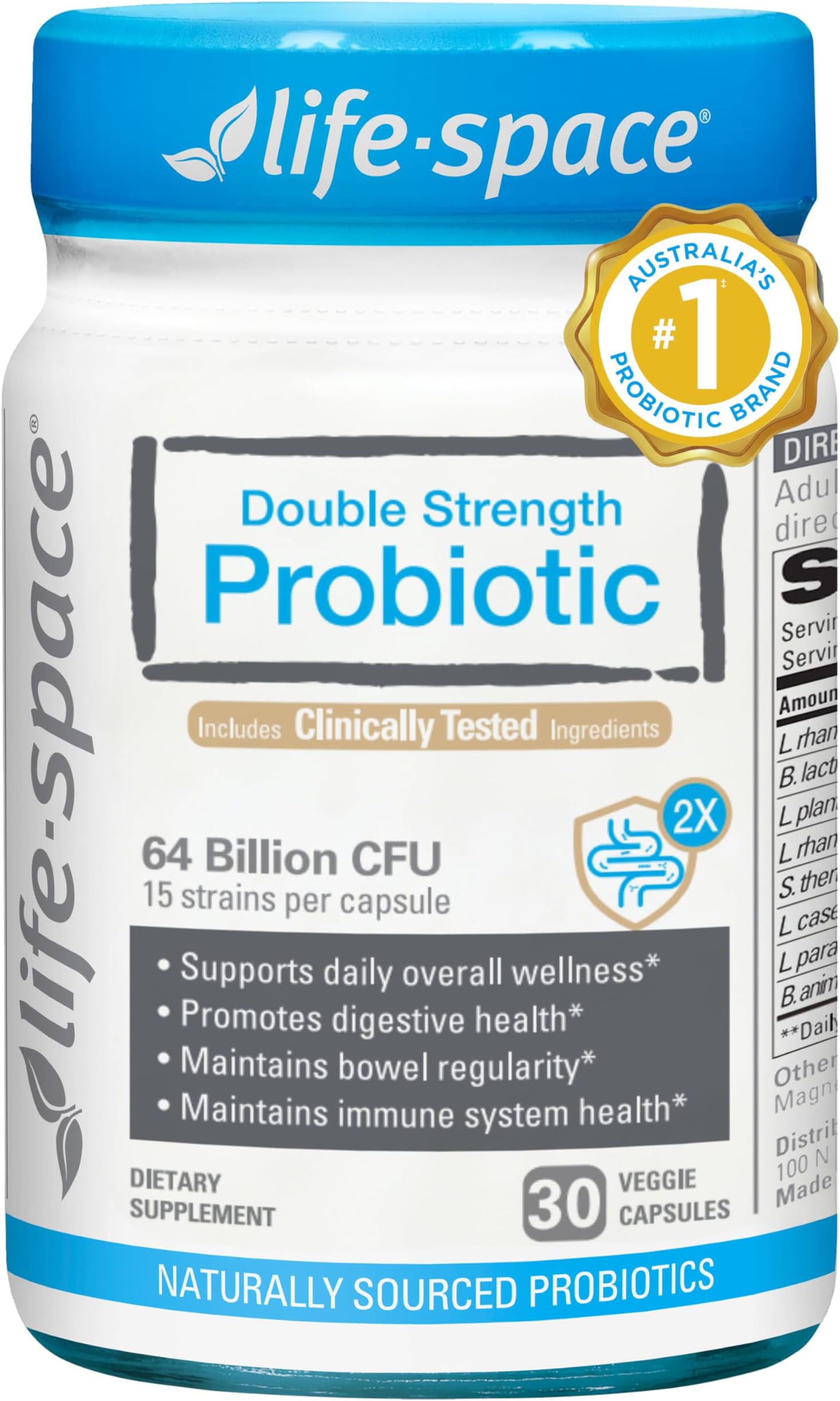 Double Strength Broad Spectrum Probiotic, 64 Billion CFU & 15 Diverse Strains, Redouble Formulated for Digestive Health & Immune Health, Probiotics for Women & Men - 30 Veg Capsules