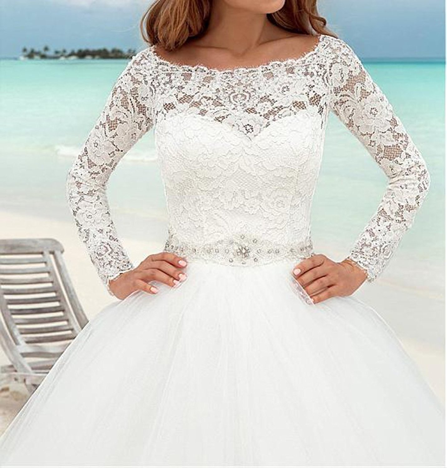 Elegante Y Sencillo Vestido de Novia, Vestido de Bola de Encaje, Vestido de Novia de Manga Larga, Blanco, 58