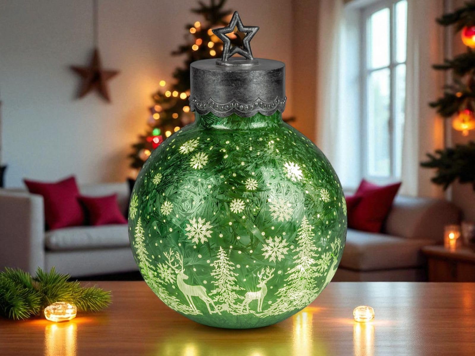 formano LED Deko-Kugel Frosty Gruen 35 cm Farb-Glaskugel Ice-Optik Timer 6h/18h beleuchtet - Batteriebetrieben - Herbst Winter Weihnachtsdeko für Tisch Regal Fensterbank