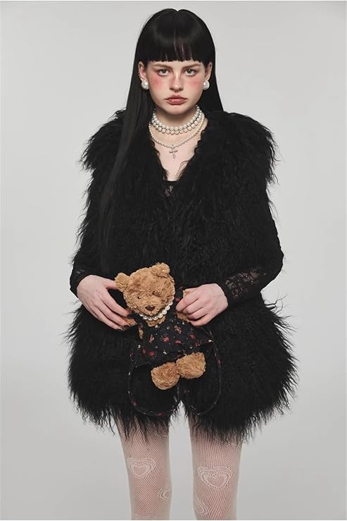 FurinFashion MSV1 Real Monglian Lamb Fur Vest For Women With Long Curly Hair Ladies Tibetan Sheep Fur Furry Cropped Gilet