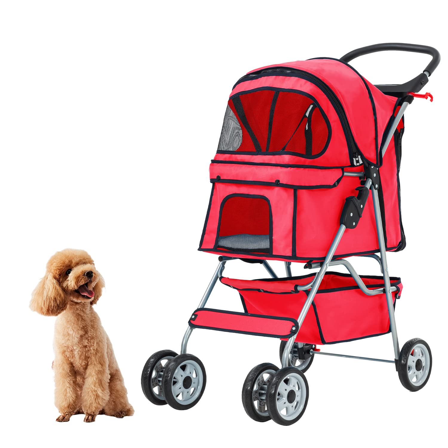 Pet Stroller 4 Wheels Dog Cat Stroller for Small Medium Dogs Cats Foldable Puppy Stroller with Storage Basket and Cup Holder