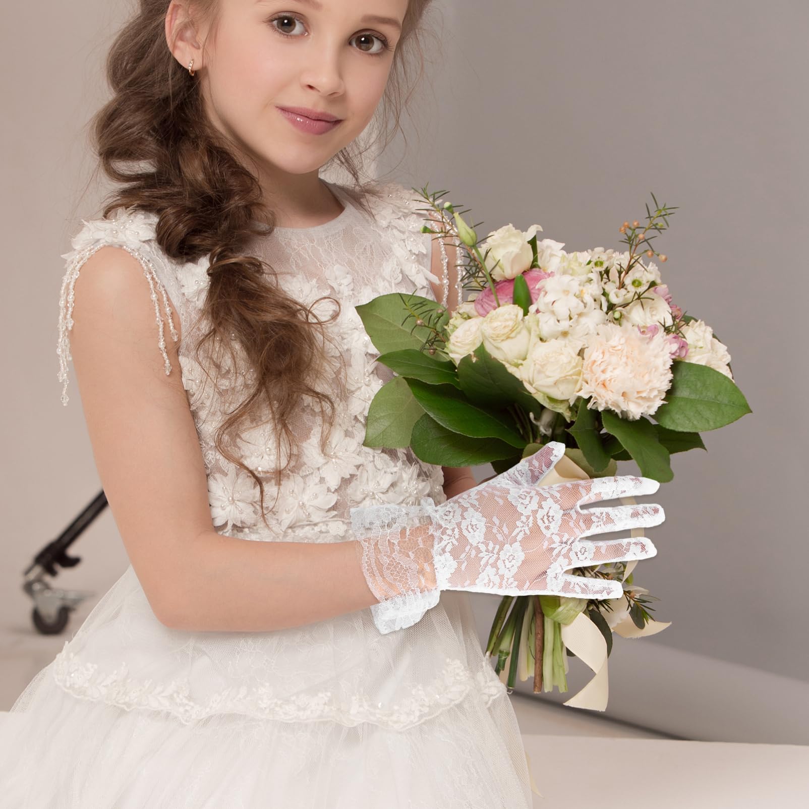 Healeved 2pcs Boys and Girls Lace Gloves for Girls for Wedding Party Formal Dress Accessories