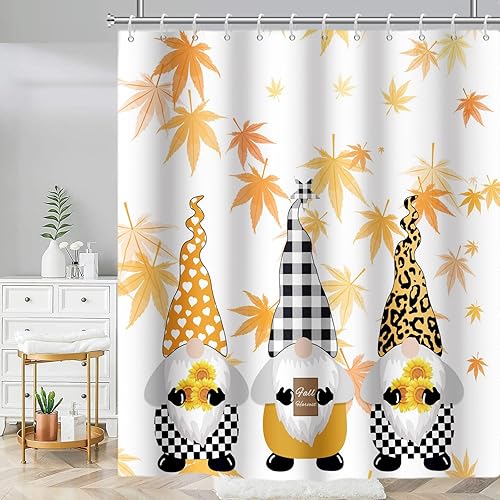 Vista 31 de Yeele Cortinas de ducha de otoño de Acción de Gracias, bonita cortina de ducha de gnomo y calabaza para baño, borde de rejilla blanca y negra
