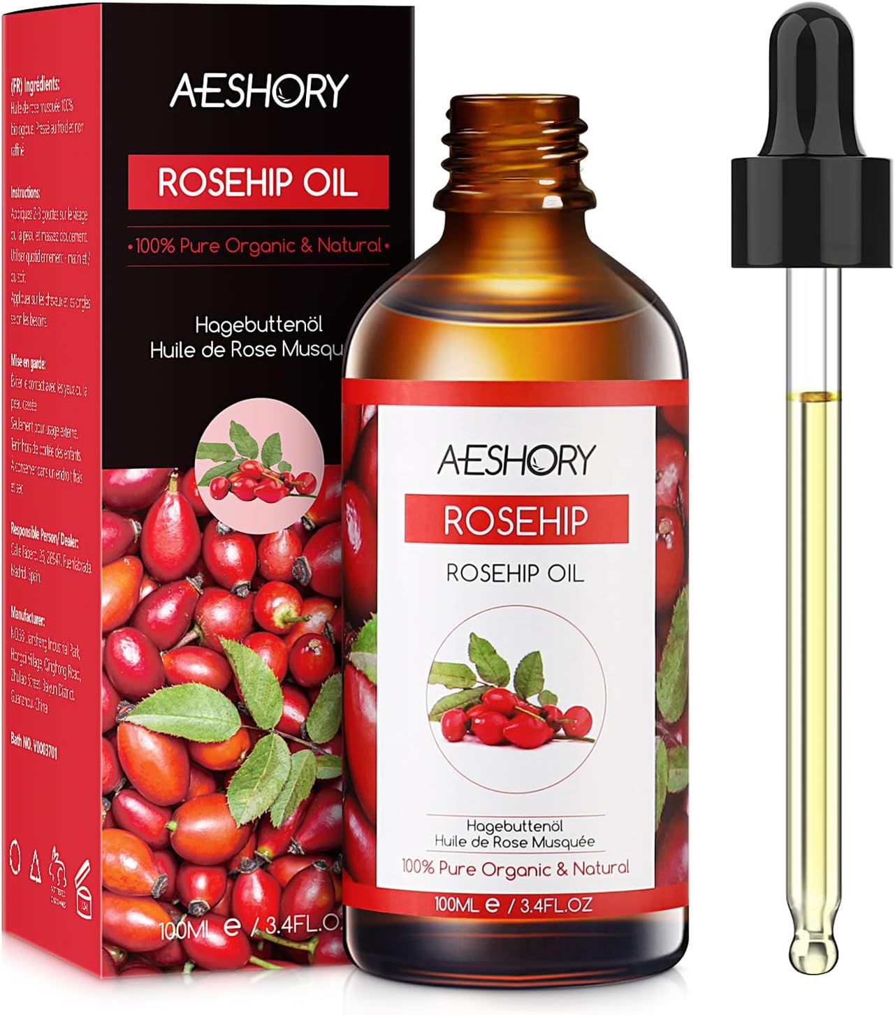 Aeshory Cold Pressed Rosehip Oil for Face 100ml, 100% Pure Natural Rosehip Seed Oil, Hydrating Nourishing & Moisturising for Skin, Hair, Nails, and Body