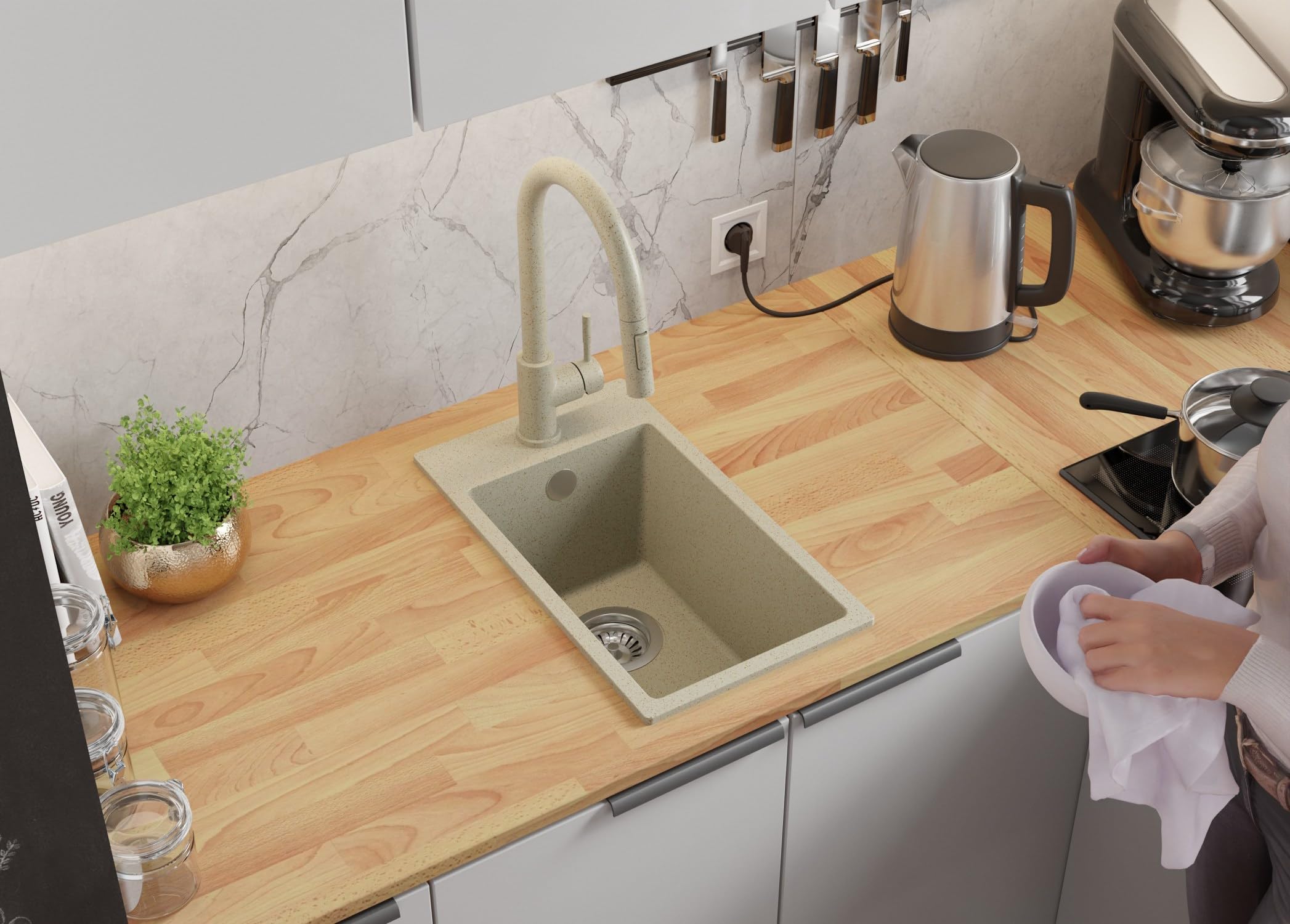 PRIMAGRAN Fregadero Granito Todo Beige - Riga, 28x50cm | Cocina 1 Seno + Grifo 32x20cm + Set de accesorios, sobre Encimera al Mueble 30cm (S018)