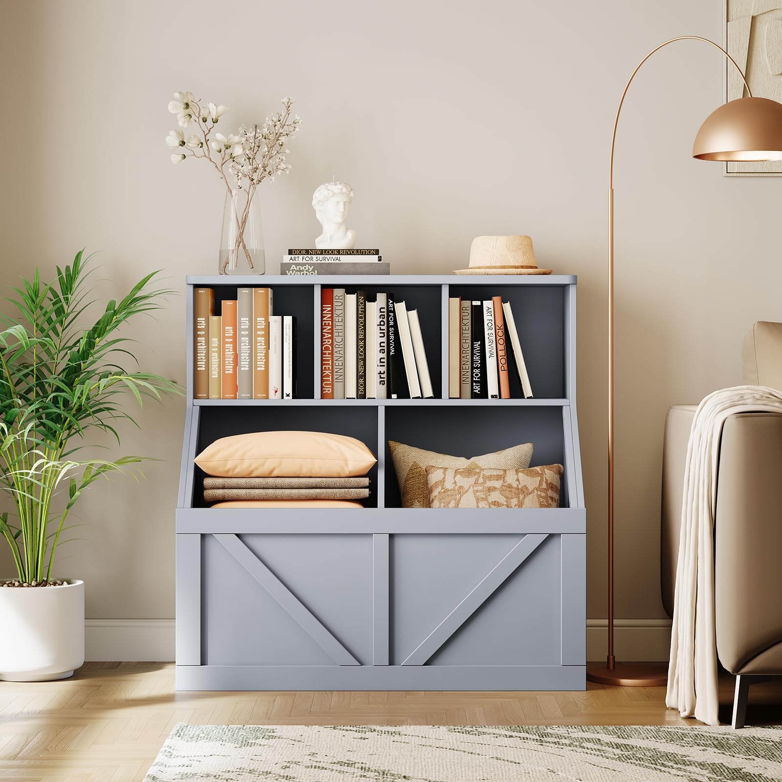Kinder Spielzeug- & Bücherregal mit Aufbewahrung – Organizer mit Regal & Schrank für Spielzimmer/Schlafzimmer/Kita/Kindergarten, leicht aufzubauen – Farbe: Pure Gray