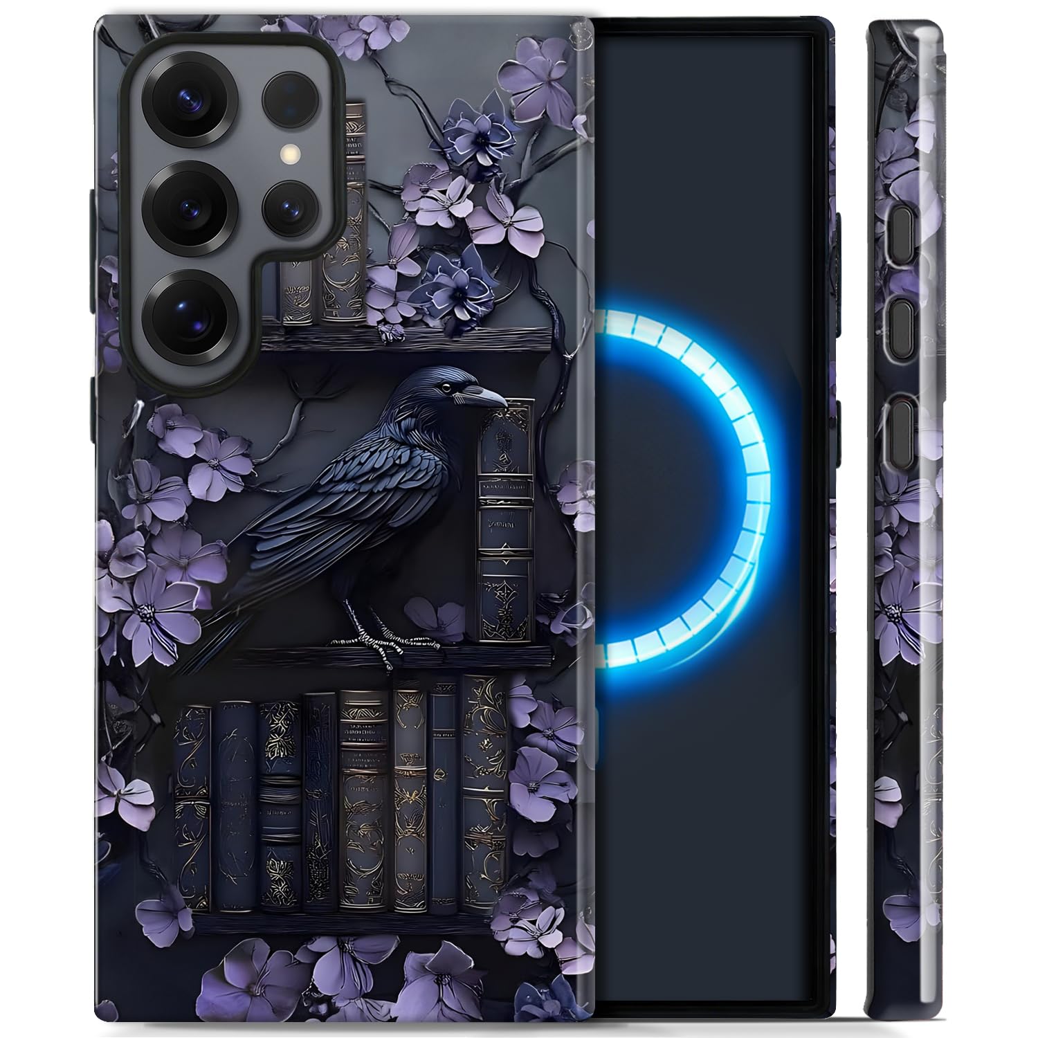 Photo 1 of Case for Samsung Galaxy 24 Ultra,Purple Floral Crow Bookshelf Crow Bookshelf Case [Compatible with Magsafe] Design,Dual Layer Soft TPU Hard PC Bumper Phone Case Case for Men Women