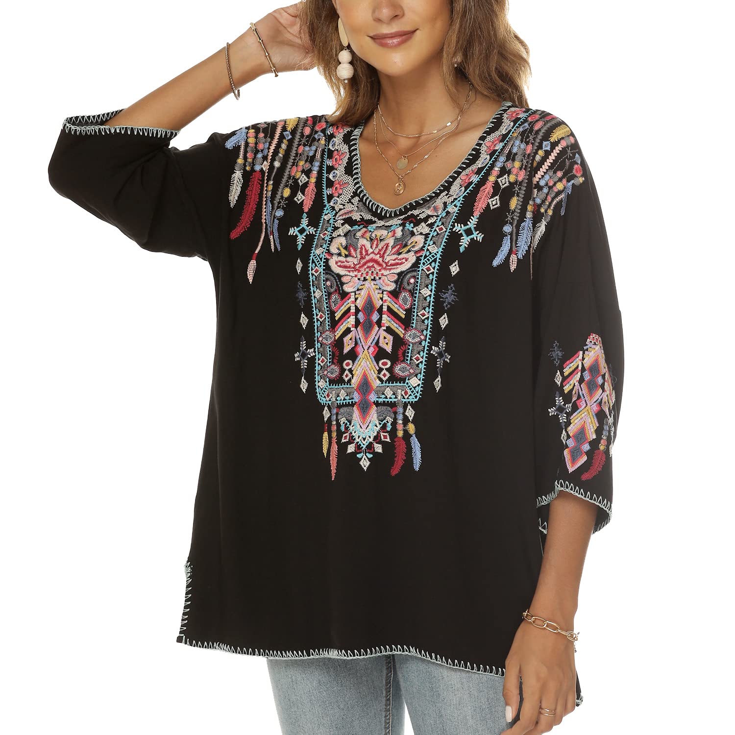 Boho Stickerei Bluse Hippie Kleidung Damen 70er 80er Jahre Bekleidung Bohemian Folklore Besticktes Tunika 3/4Ärmel elegant Oberteile