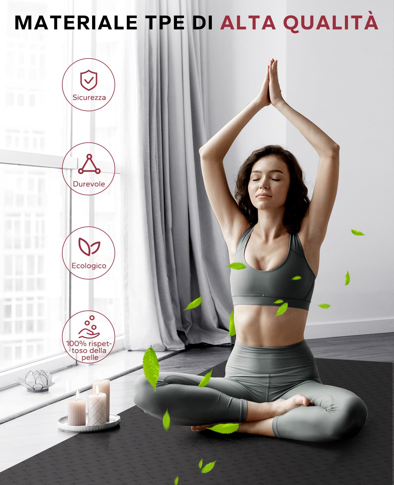 HAPBEAR Tappetino da Yoga Extra Large - 183 cm x 91 cm x 6 mm, TPE Antiscivolo, per Allenamenti a Casa, Yoga, Pilates e Stretching, Resistente, Ecologico,Inclusi Bande di Resistenza e Borsa da Portare