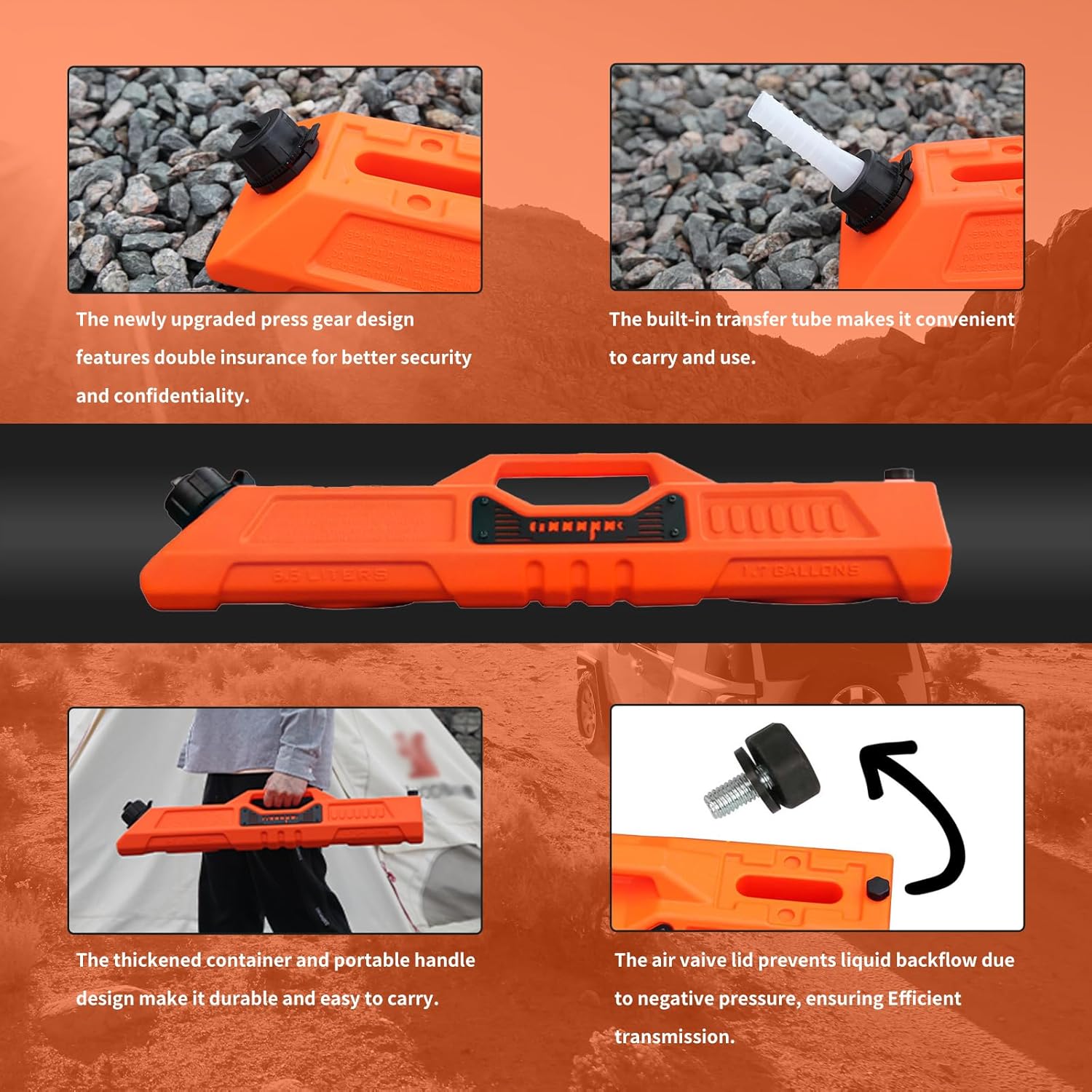 1.7 Gallon/ 6.5L Fluid Storage Container with Lockable Mounting Bracket Resistant Antistatic Leak-proof Transfer Tank Emergency Spare Storage Tank for Off-road Vehicles RVs SUV ATV Motorcycle, Orange