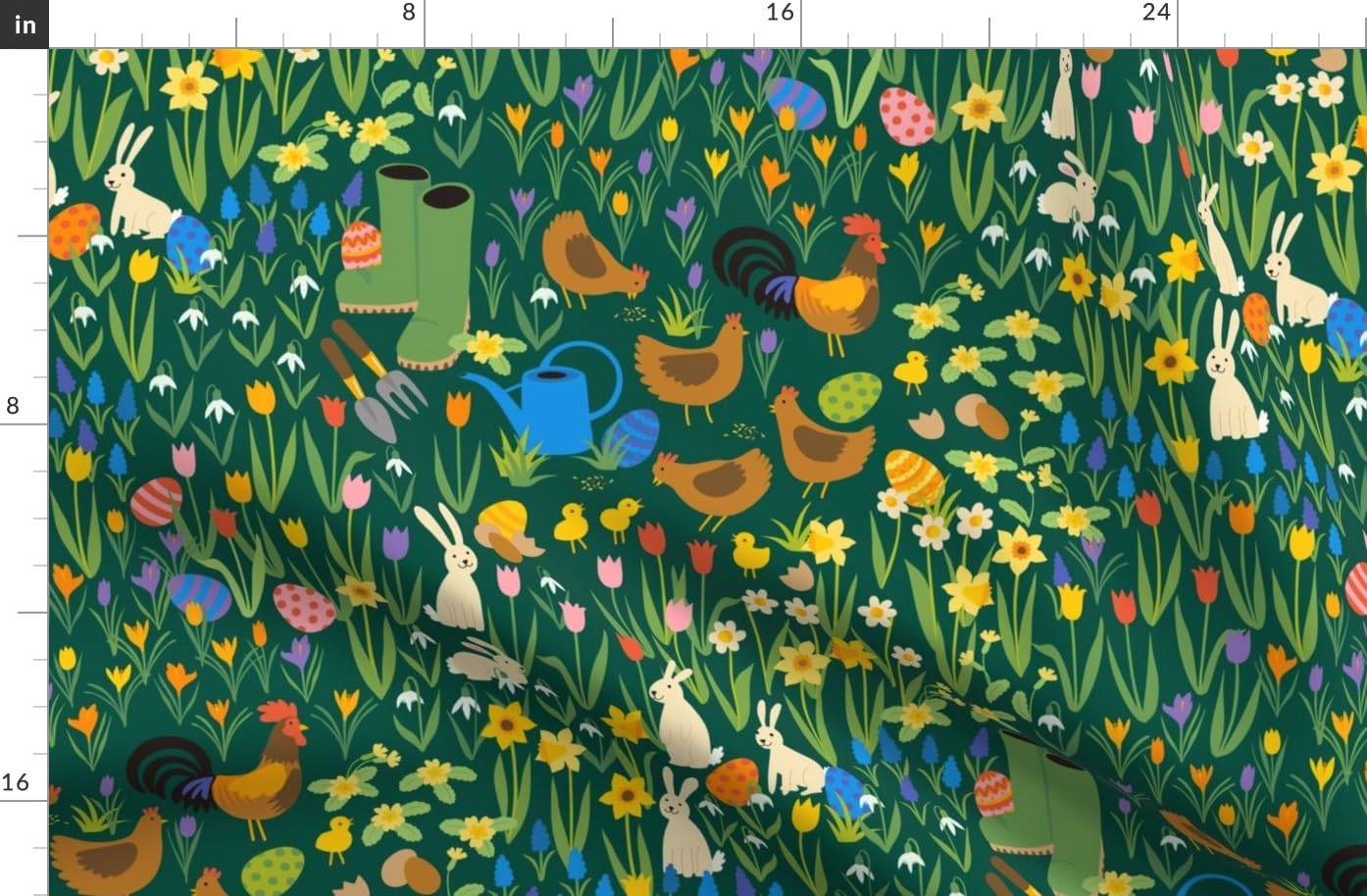 Spoonflower Fabric - Spring Garden Cute Botanical Easter Eggs Bunny Rabbit Chickens Printed on Organic Cotton Sateen Fabric by The Yard - Sewing Quilting Apparel Home Decor
