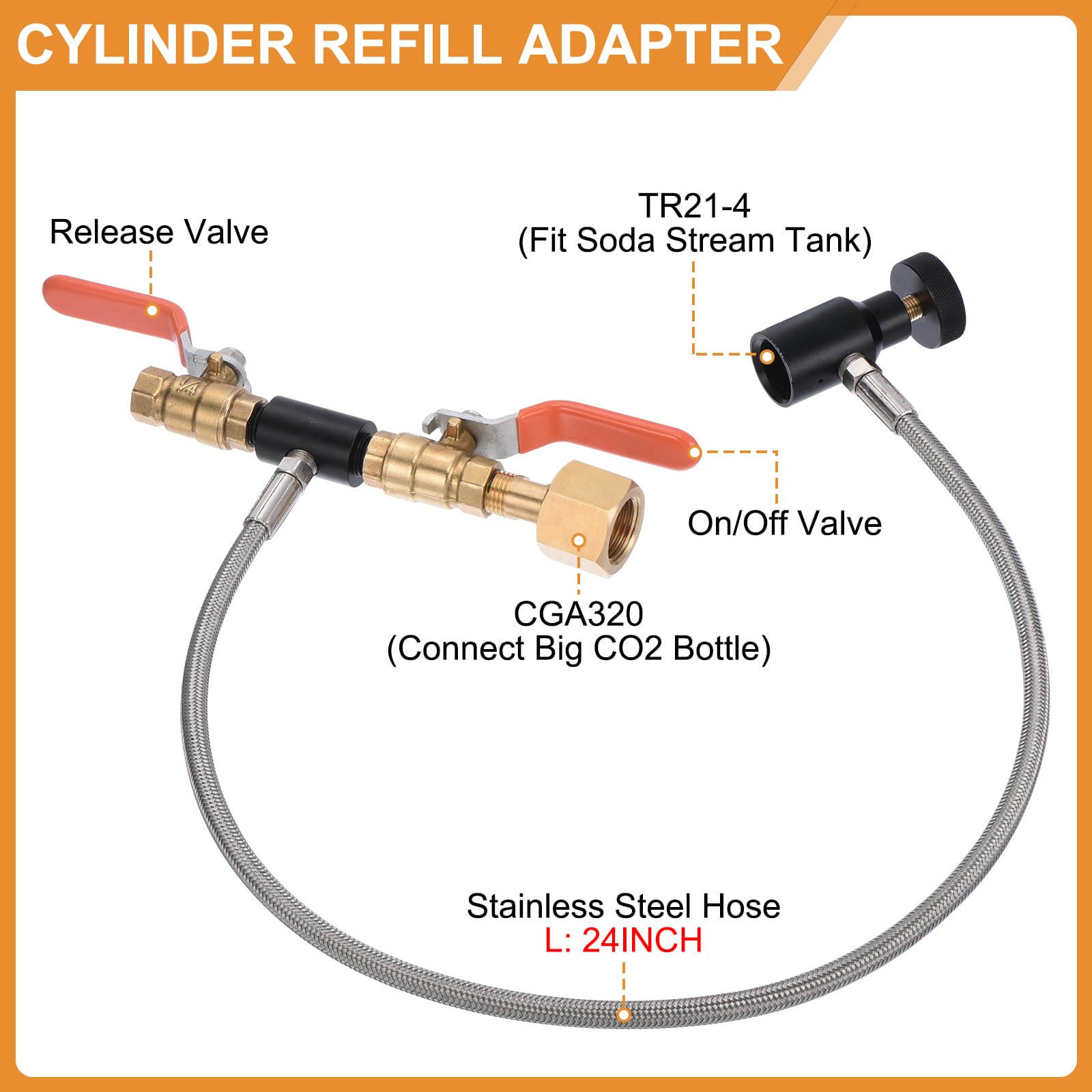 PATIKIL CGA320 G1/4 Soda CO2 Cylinder Refill with 24 Inch Adapter Hose Double Fill Station Connector Kit Valve for Filling Soda Maker CO2 Tank (CGA320 to TR21-4)