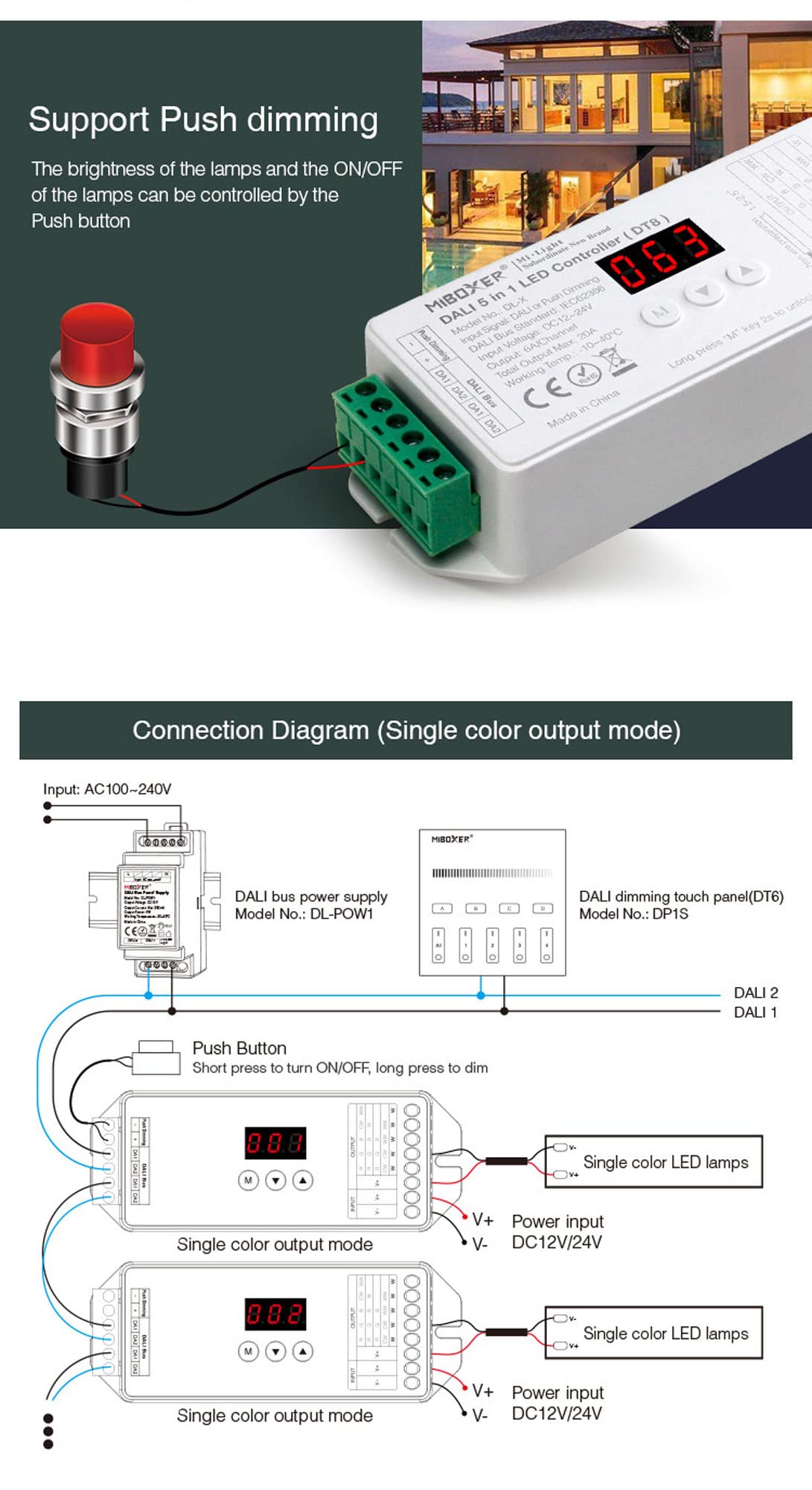 Controller 5 in 1 (DT8) DALI Signal or Push Dimming 12/24 V fino a 15 A, CCT, RGB, RGBW, RGB+CCT