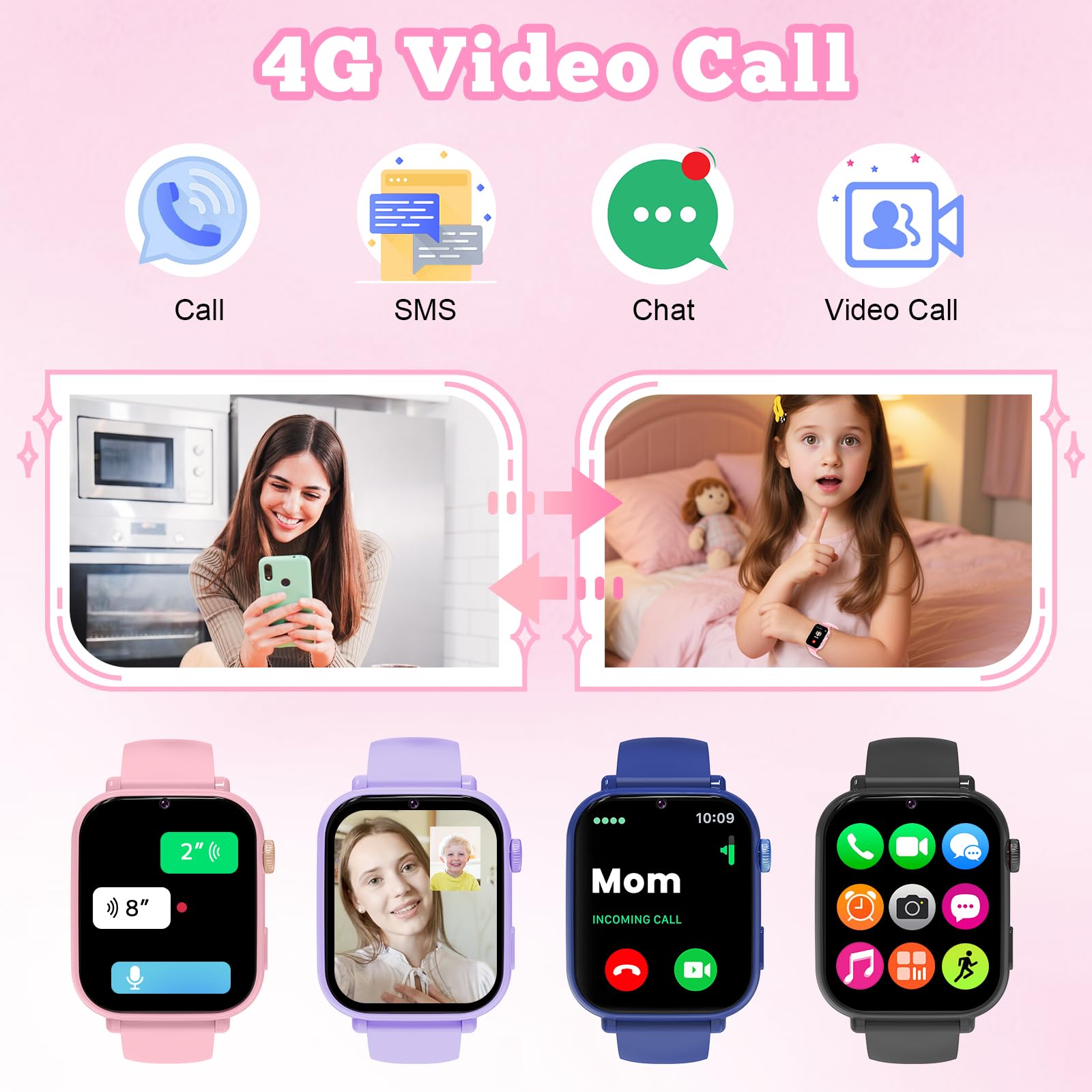 Smartwatch Bambini GPS 4G, Orologio Intelligente con Telefono, Videochiamata, Chat, SOS, Sveglia, Contapassi, Camera, Modalità Classe, Gioco, Smart Watch per Ragazza e Ragazzo 4-12 Anni Regalo, Rosa