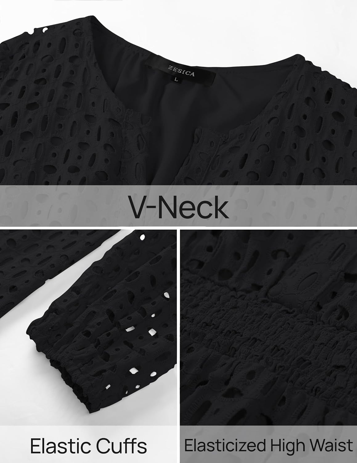 ZESICA Women's 2026 Long Sleeve Mini Dress Fall V Neck Hollow Out Eyelet Embroidery Ruffle A Line Swing Short Dresses - Image 6
