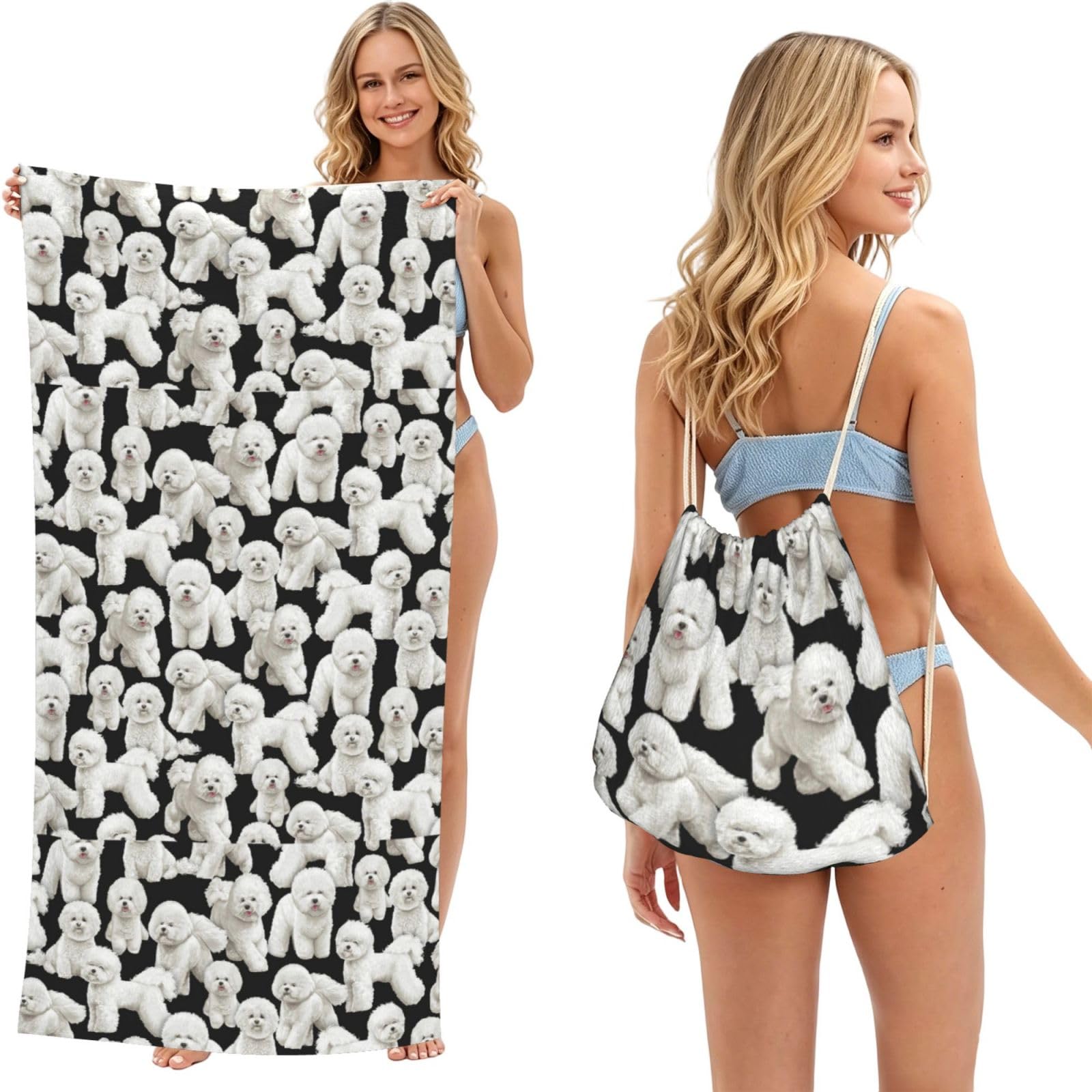 Poadnly As Picture Bichon Frise Dog Pattern, 2 In 1 Packable Towel Bag, Beach Towels With Drawstring Backpack For Travel Holiday Camping