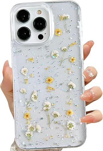 Miniatura 17 de Funda transparente para iPhone 16 Pro Max con diseño de flores reales presionadas, patrón floral rosa brillante y lindo, funda protectora de TPU